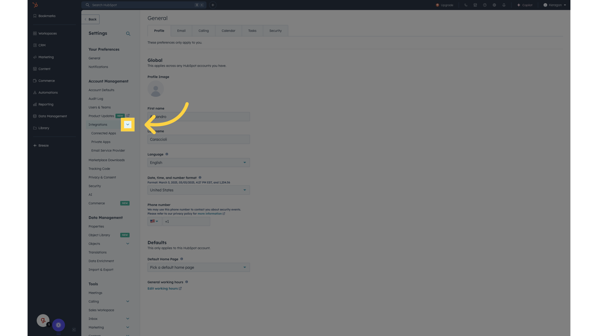 Click on the Integrations section