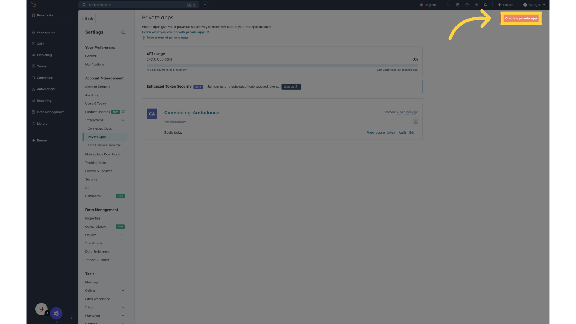 Click 'Create a private app'