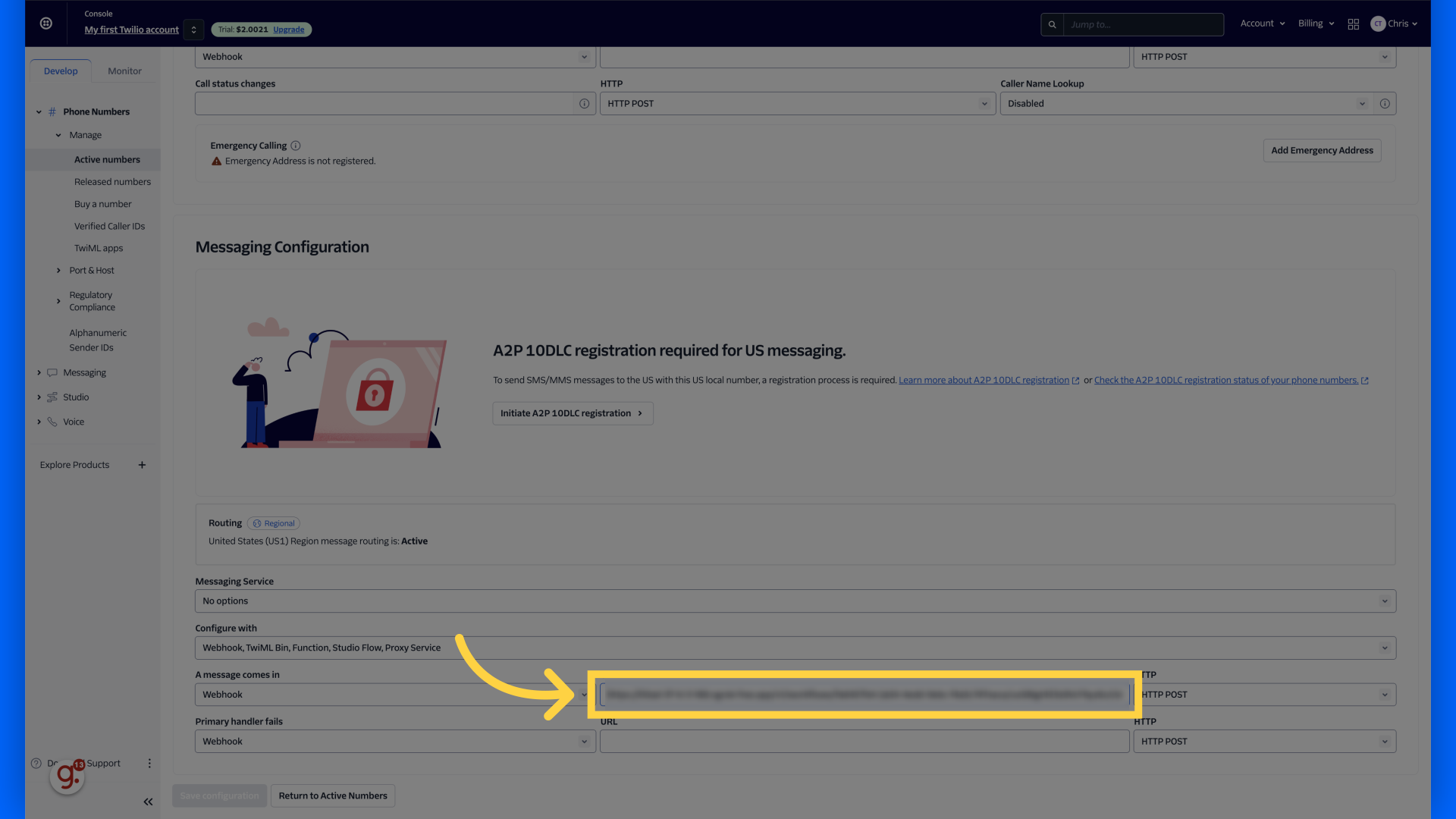 Paste copied URL under 'Messaging Configuration'