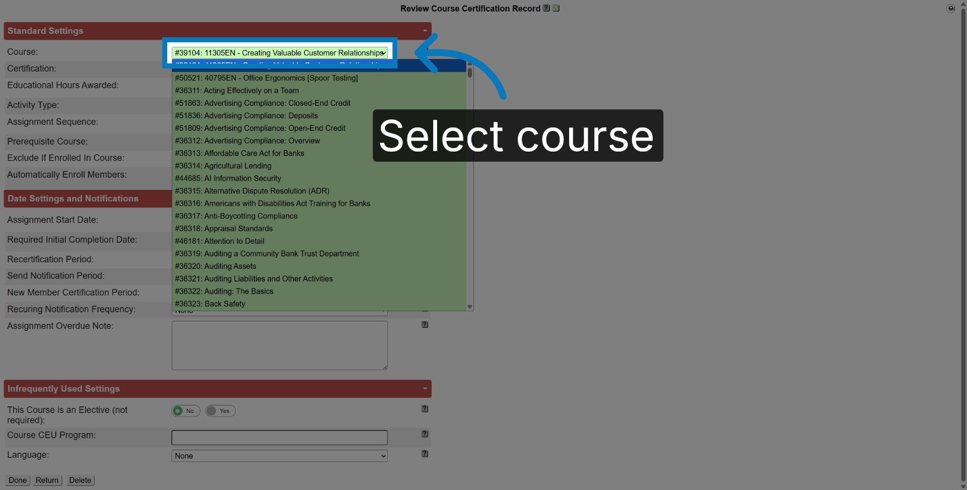 Select Course From List