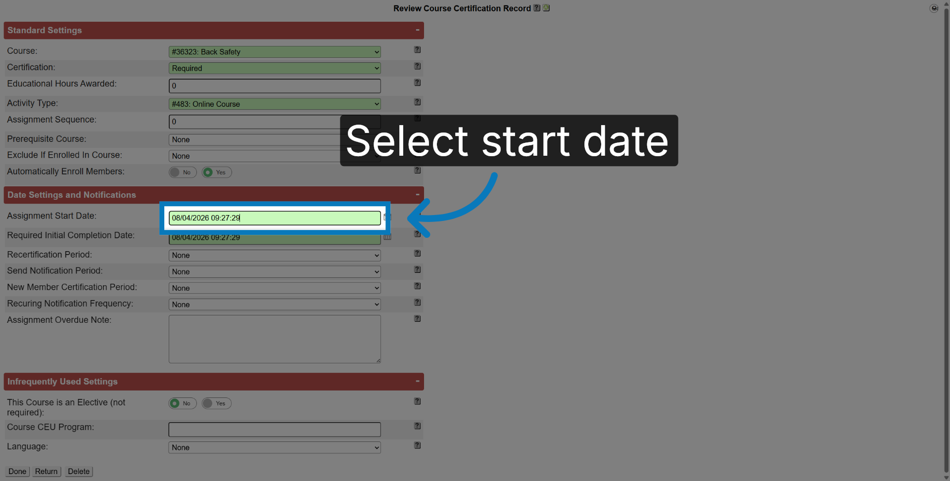 Select Assignment Start Date