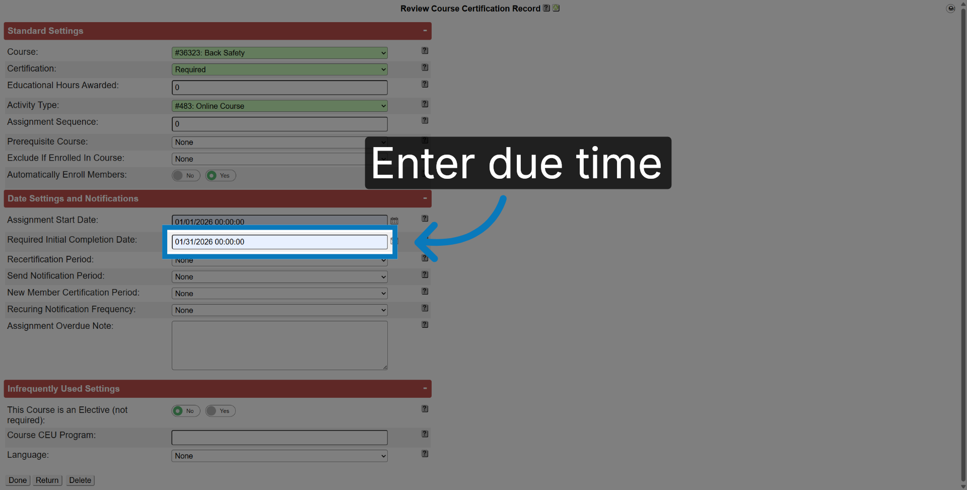 Enter Due Date Time