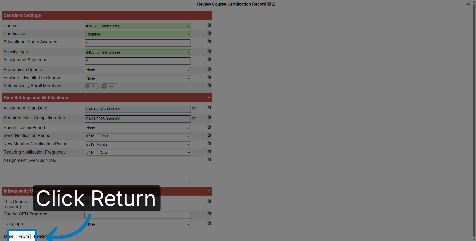 Return To Course Screen