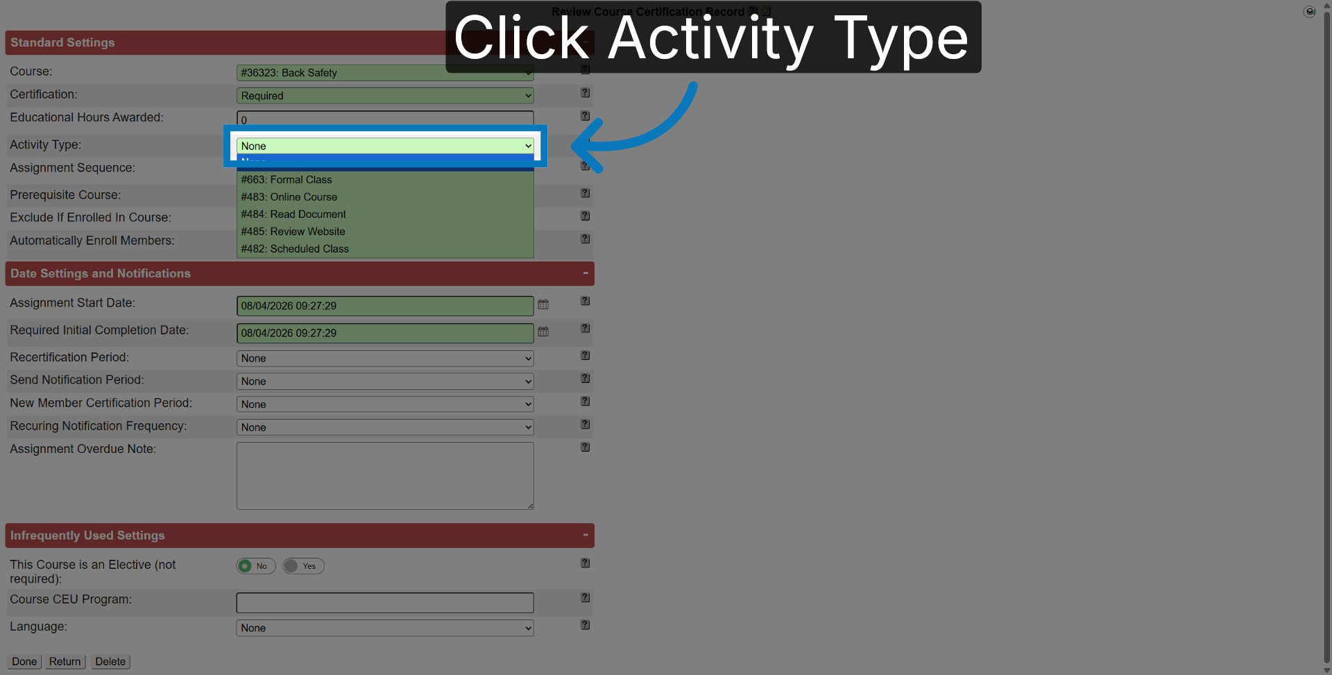 Choose Activity Type