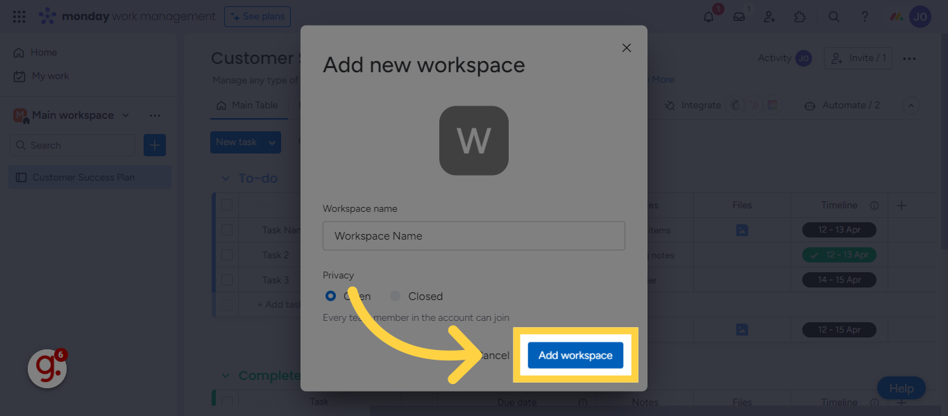Click 'Add workspace'