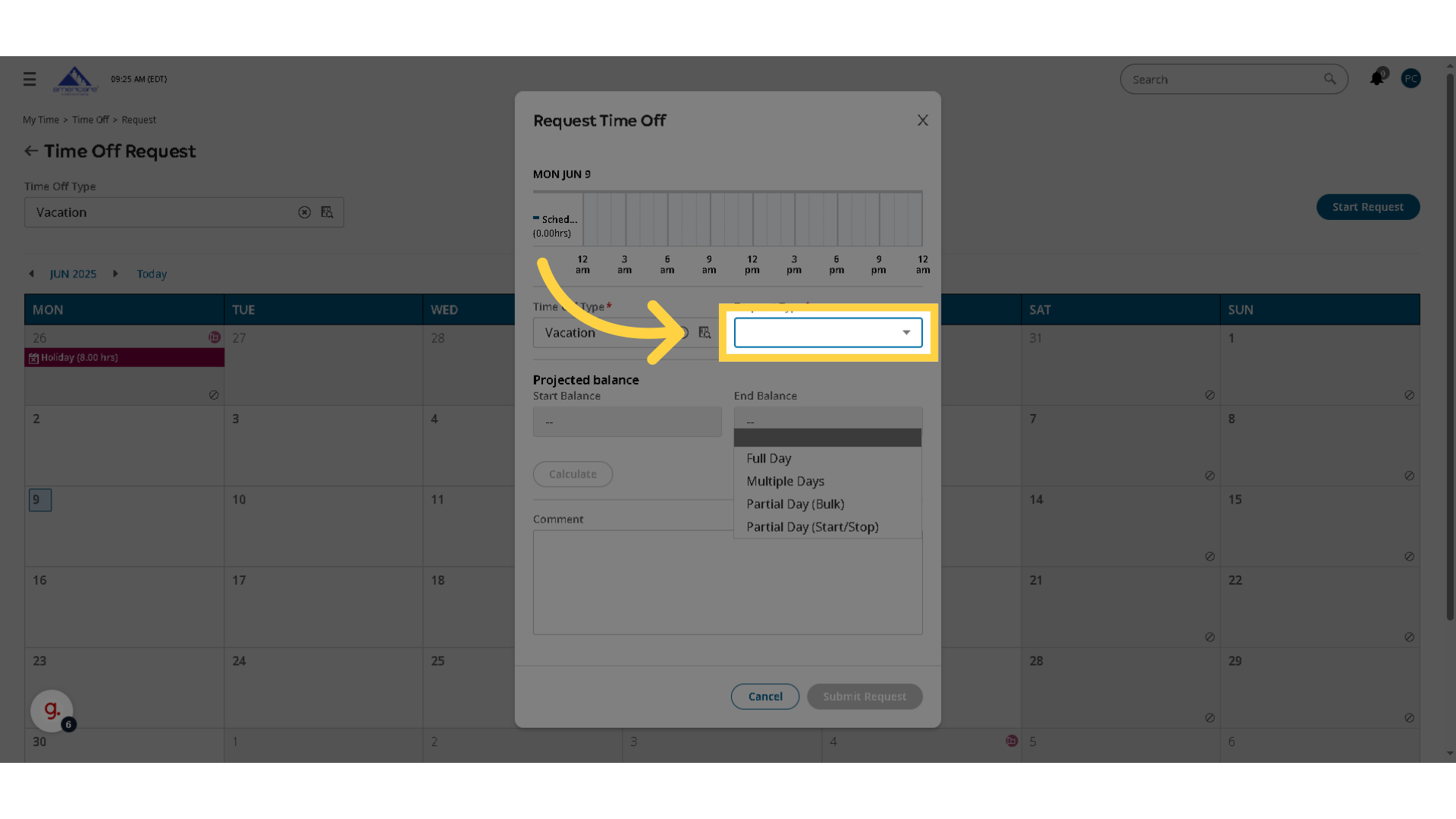 Click the 'Request Type' drop down