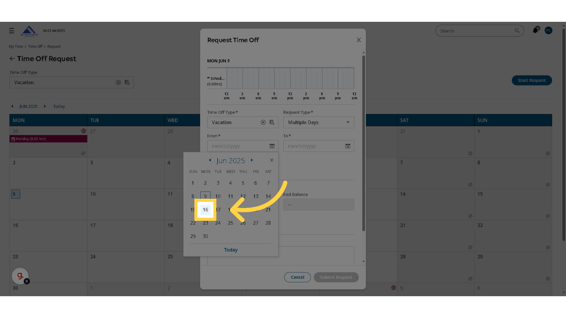 Click the first date of the time off request