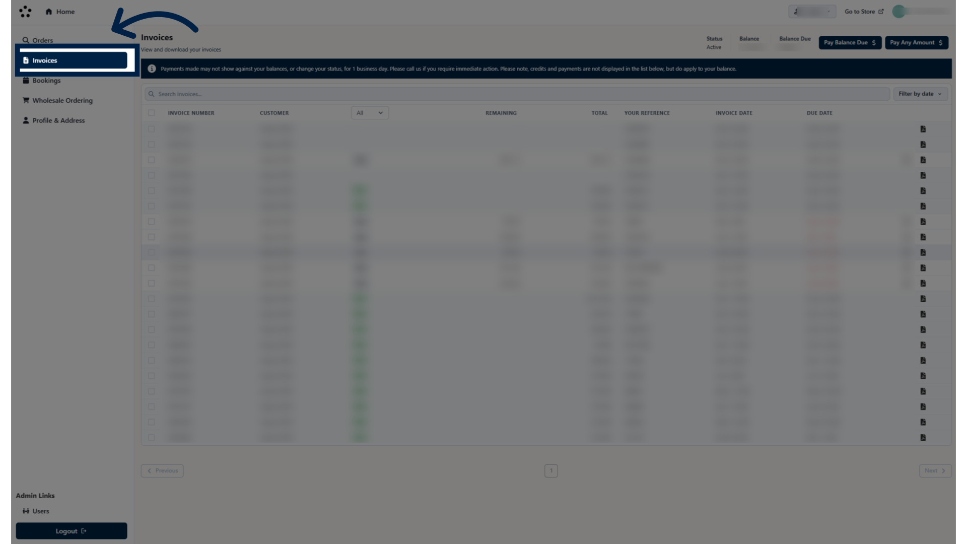 To access your Invoices (Admin Only), click 'Invoices'