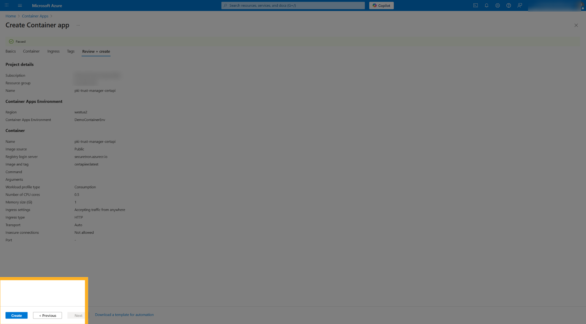 Initiate Container App Creation