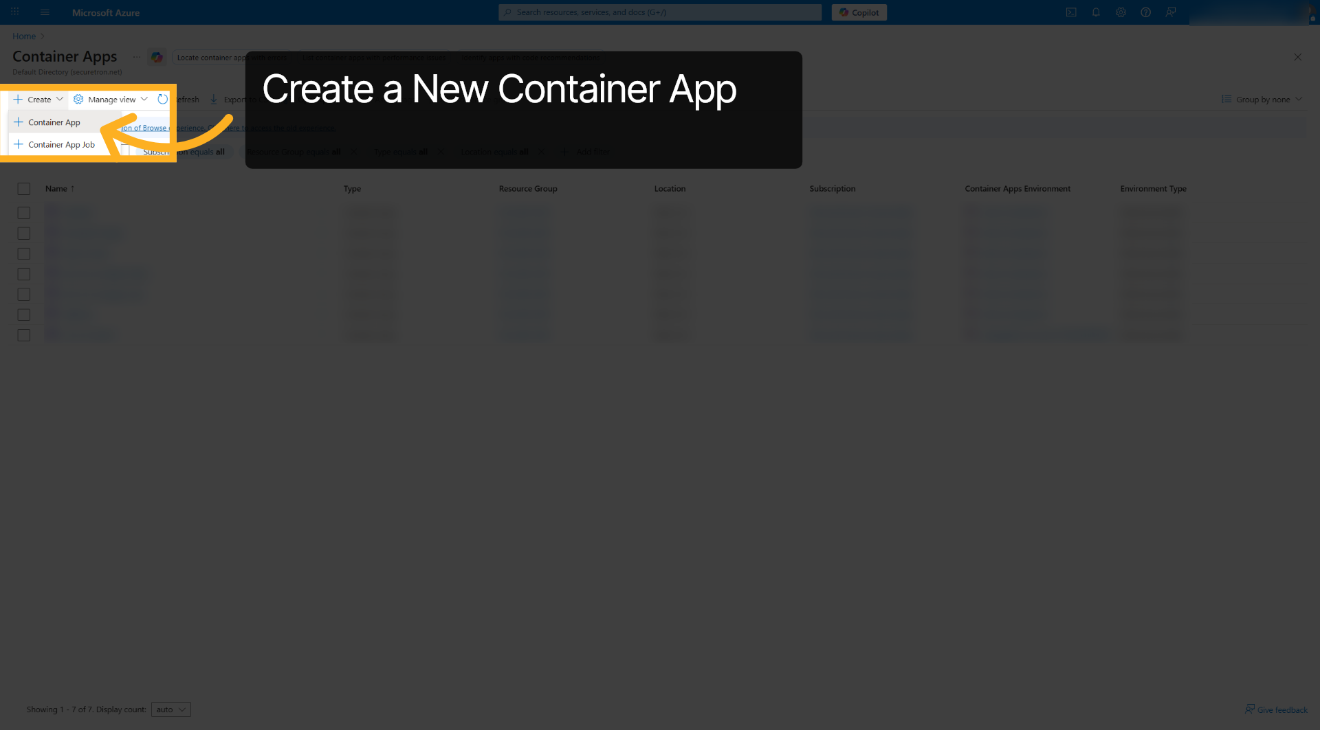 Select Container App Option