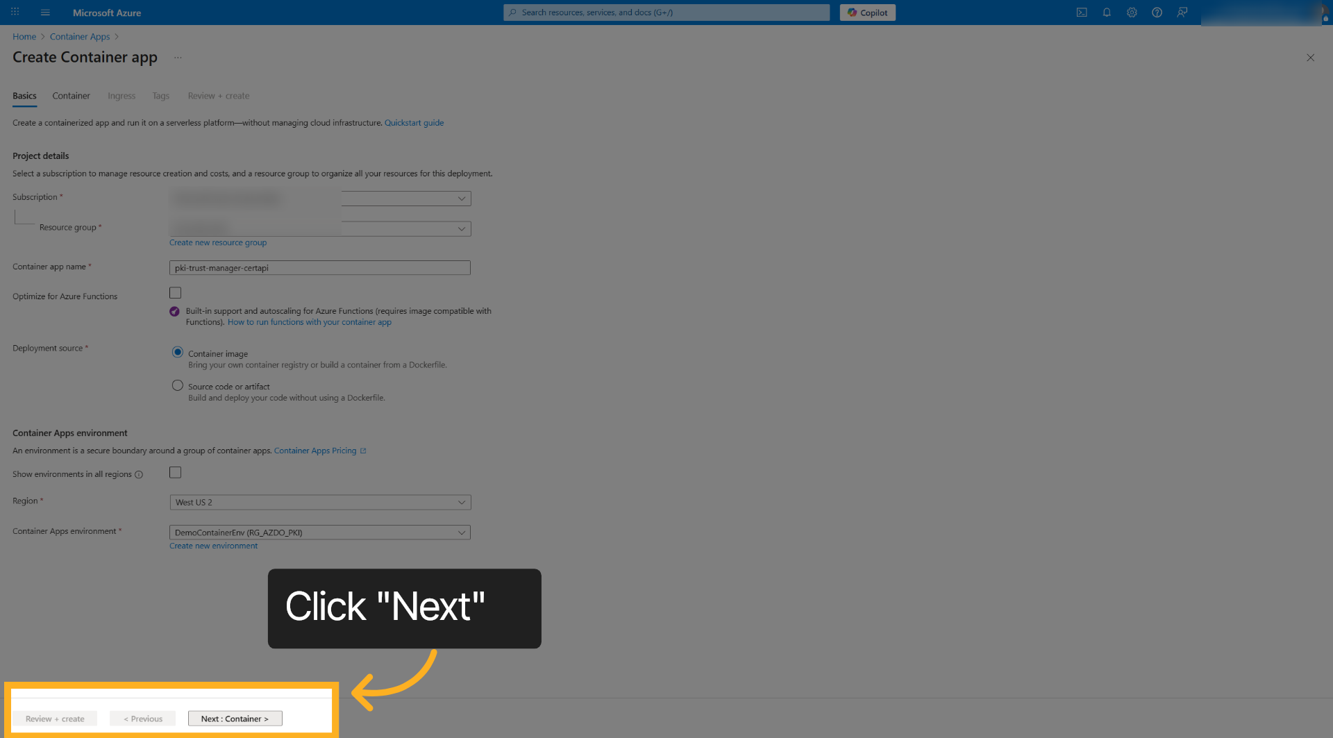 Proceed To Container Settings