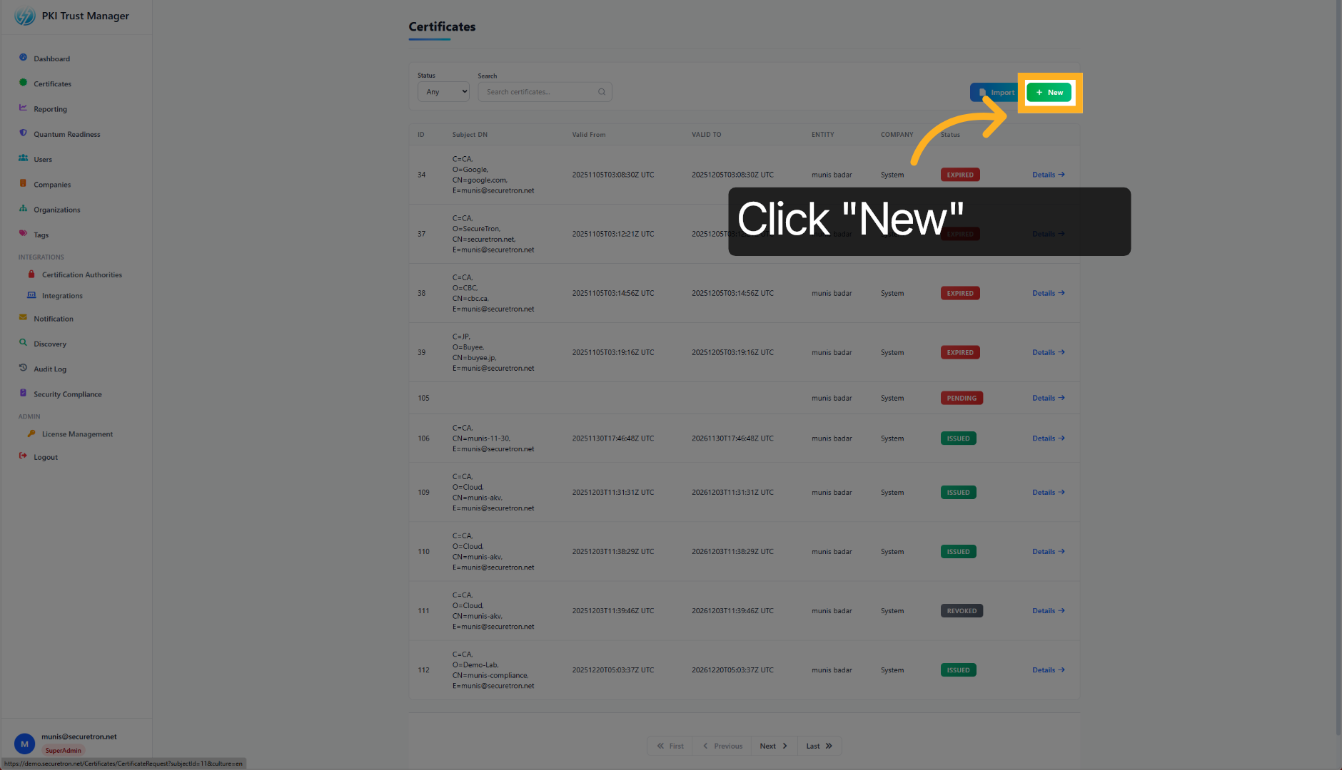 Initiate New Certificate