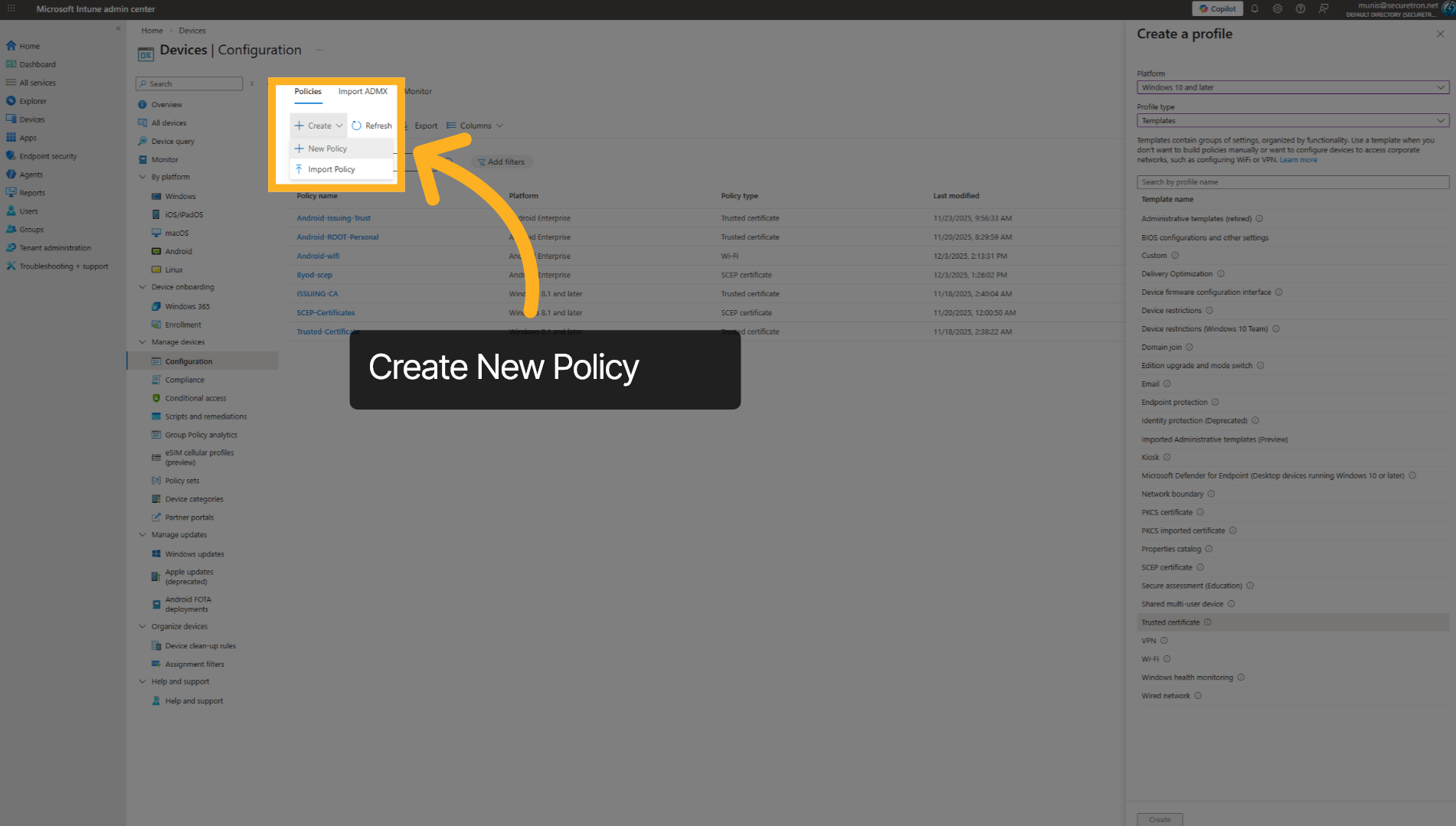 Intune: Device Configuration - New Policy