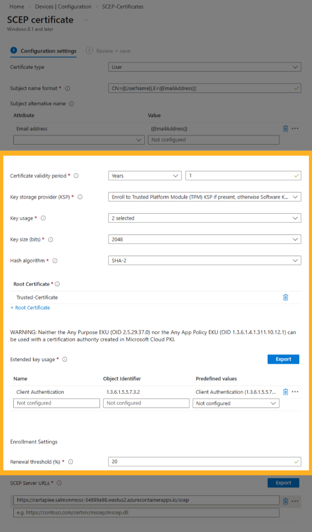 Intune: SCEP Certificate Configuration