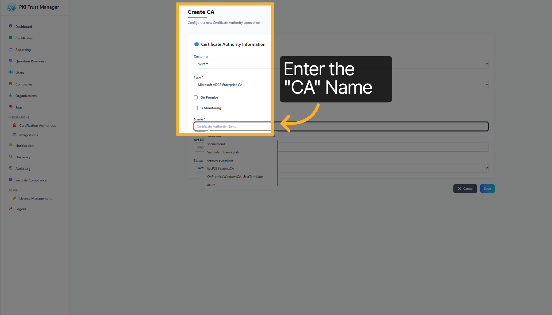 Choose Certificate Authority Name