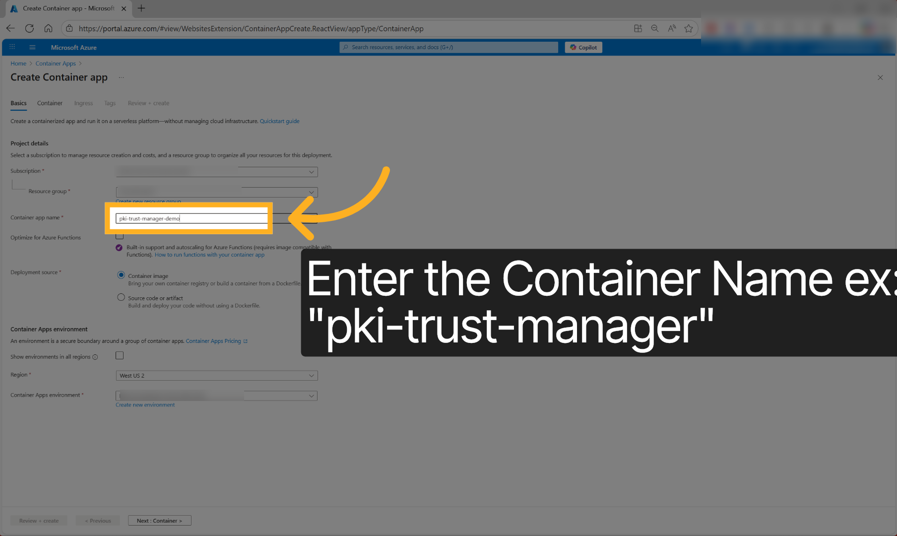 Enter Container App Name