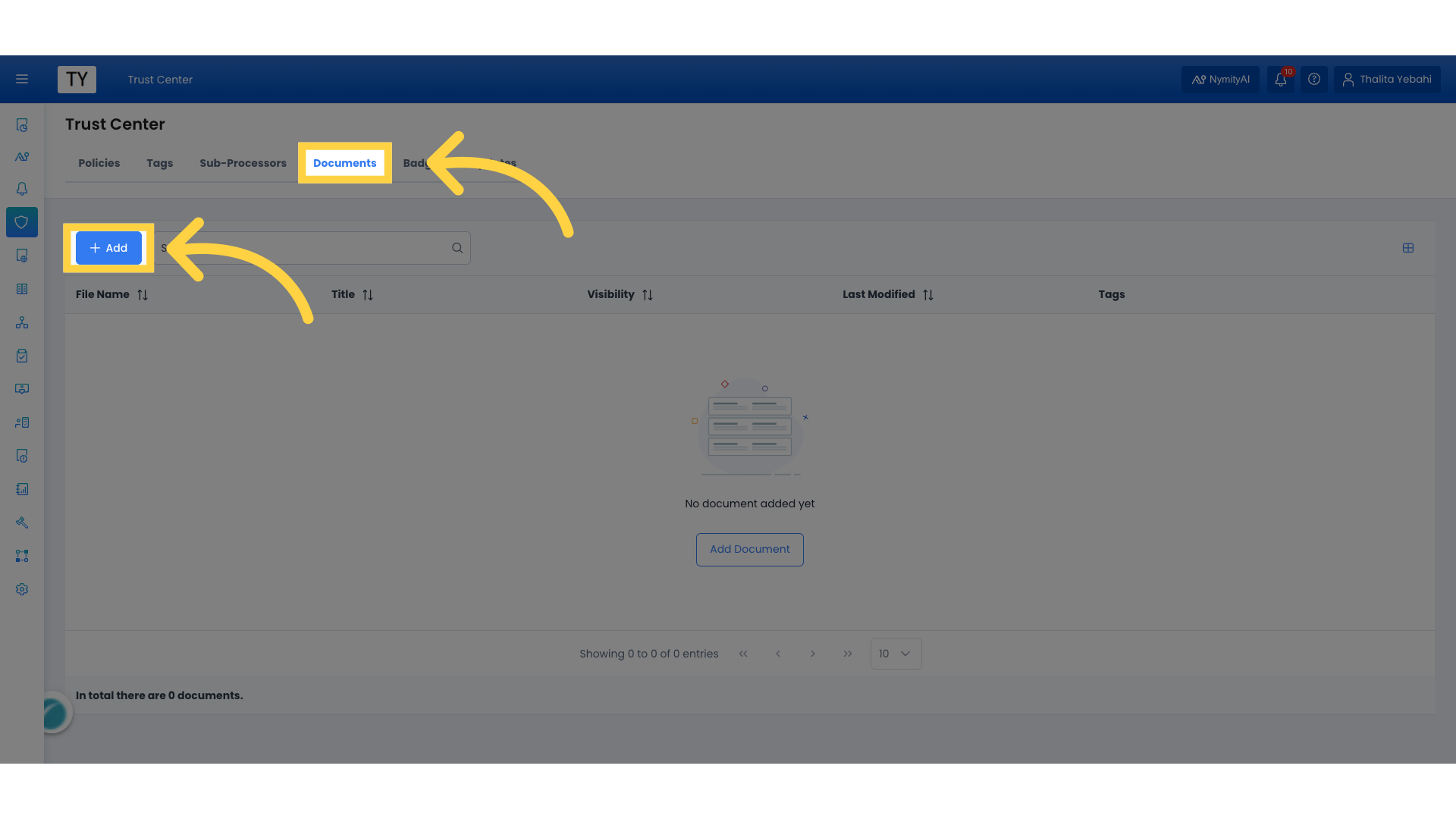 Click 'Documents' and 'Add'