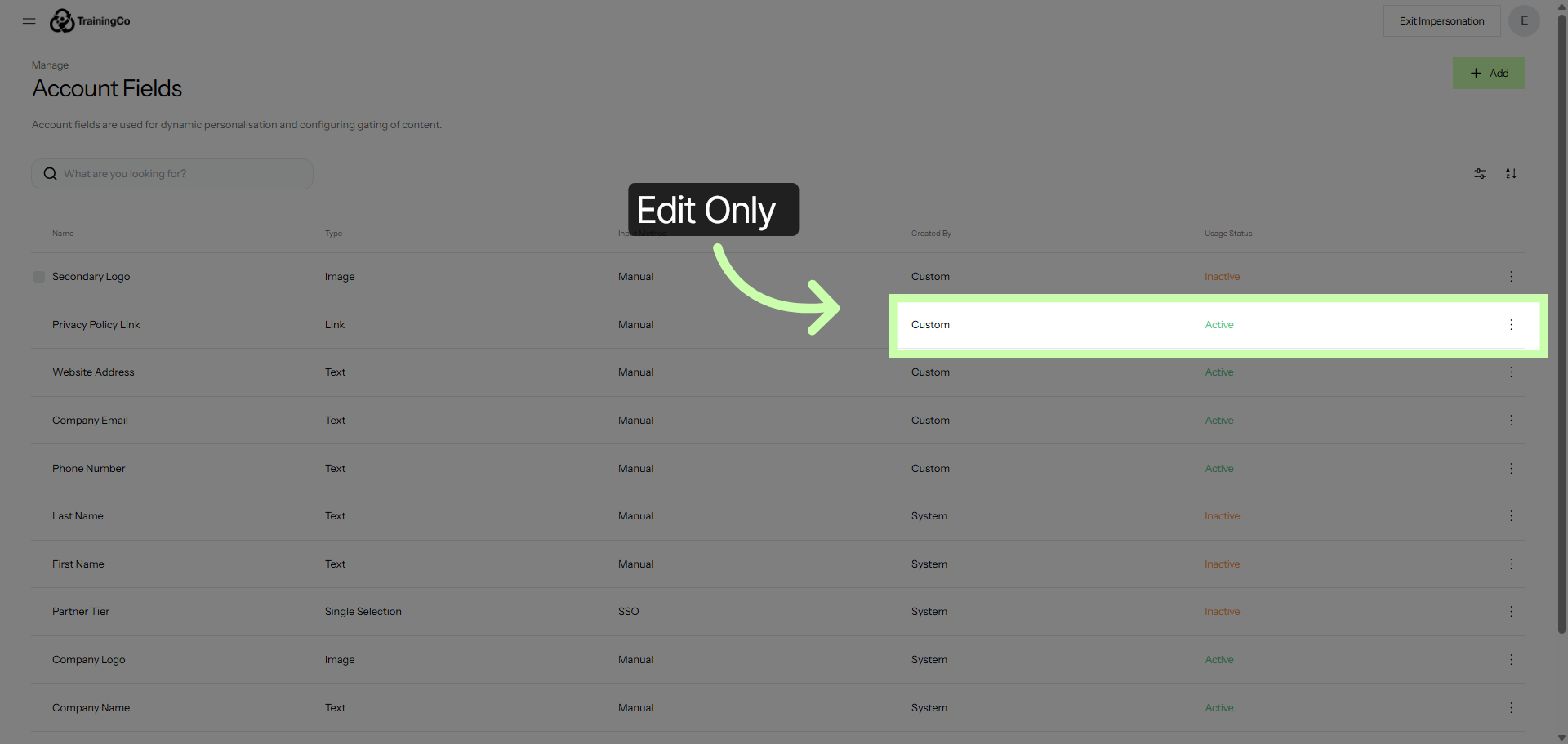 Open Manage Account Fields Section