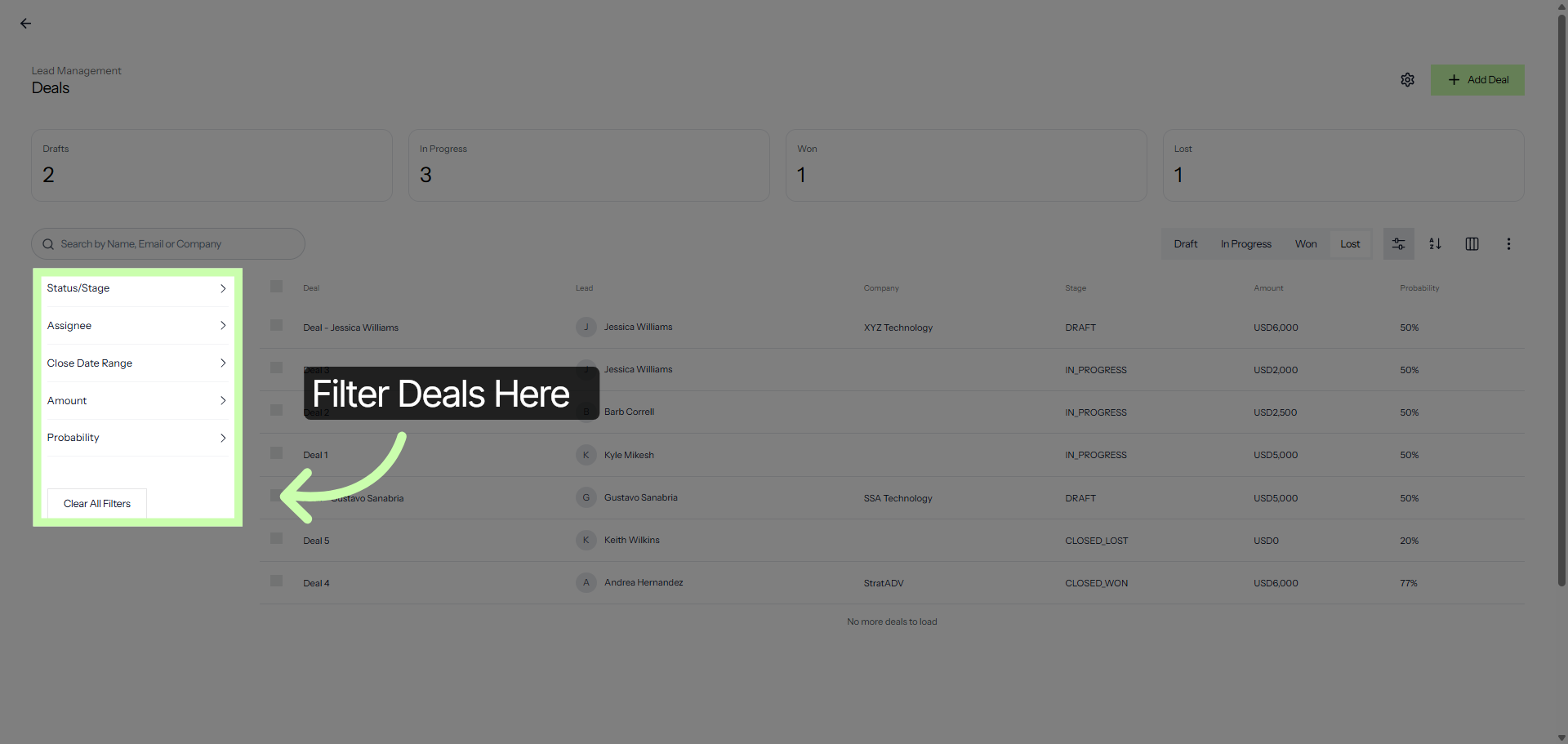 Clear All Deal Filters