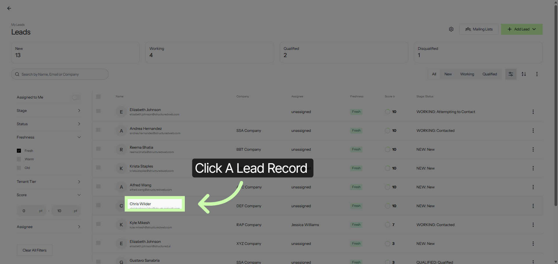 Click an Individual Lead Record