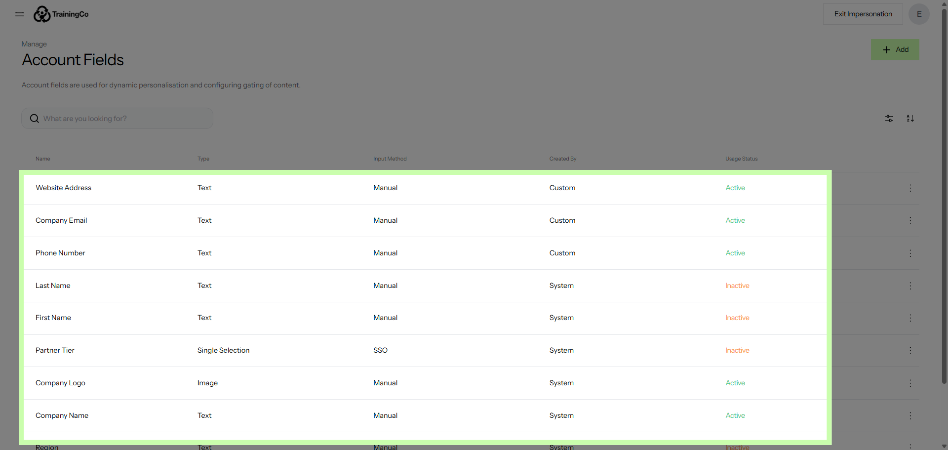 Access Account Fields Section