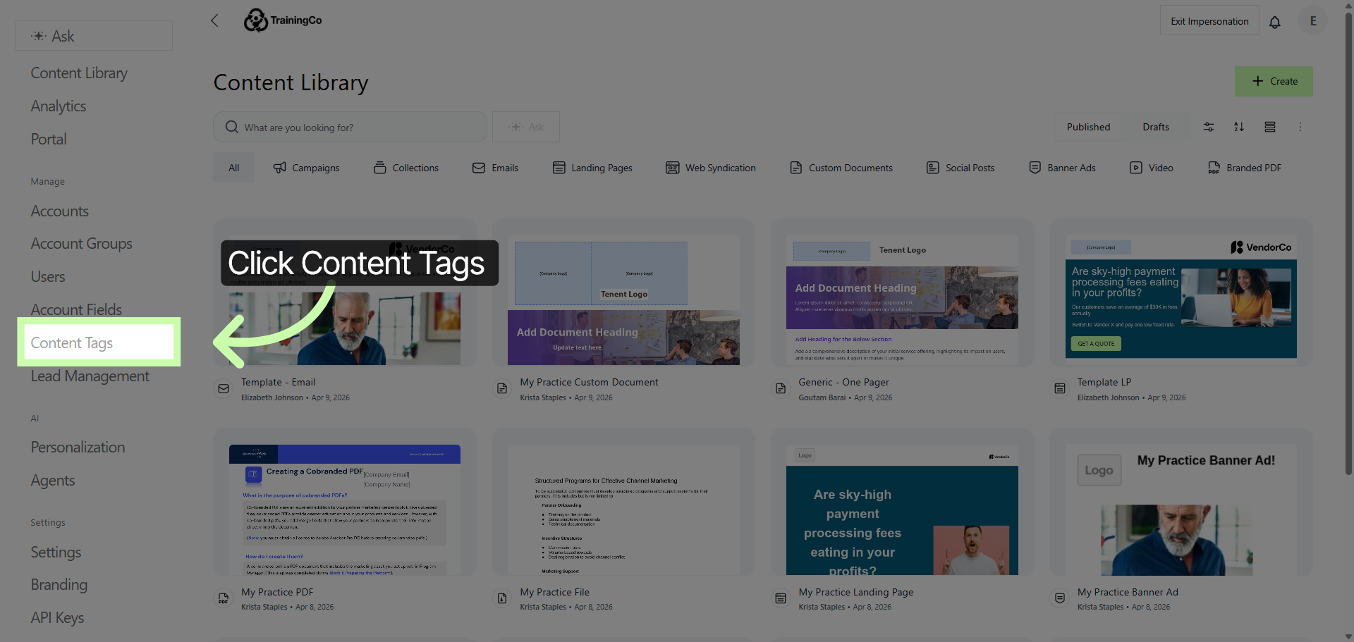 Access Content Tags Section