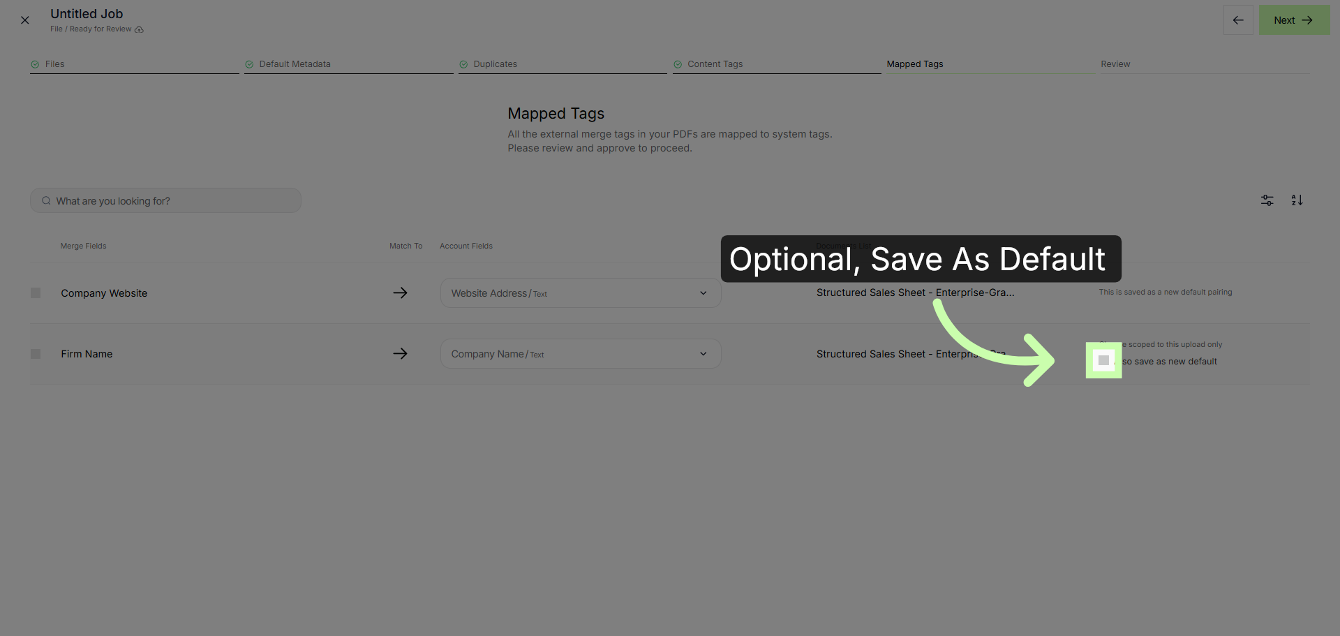 Optional, Save the Mapped Field as a New Default