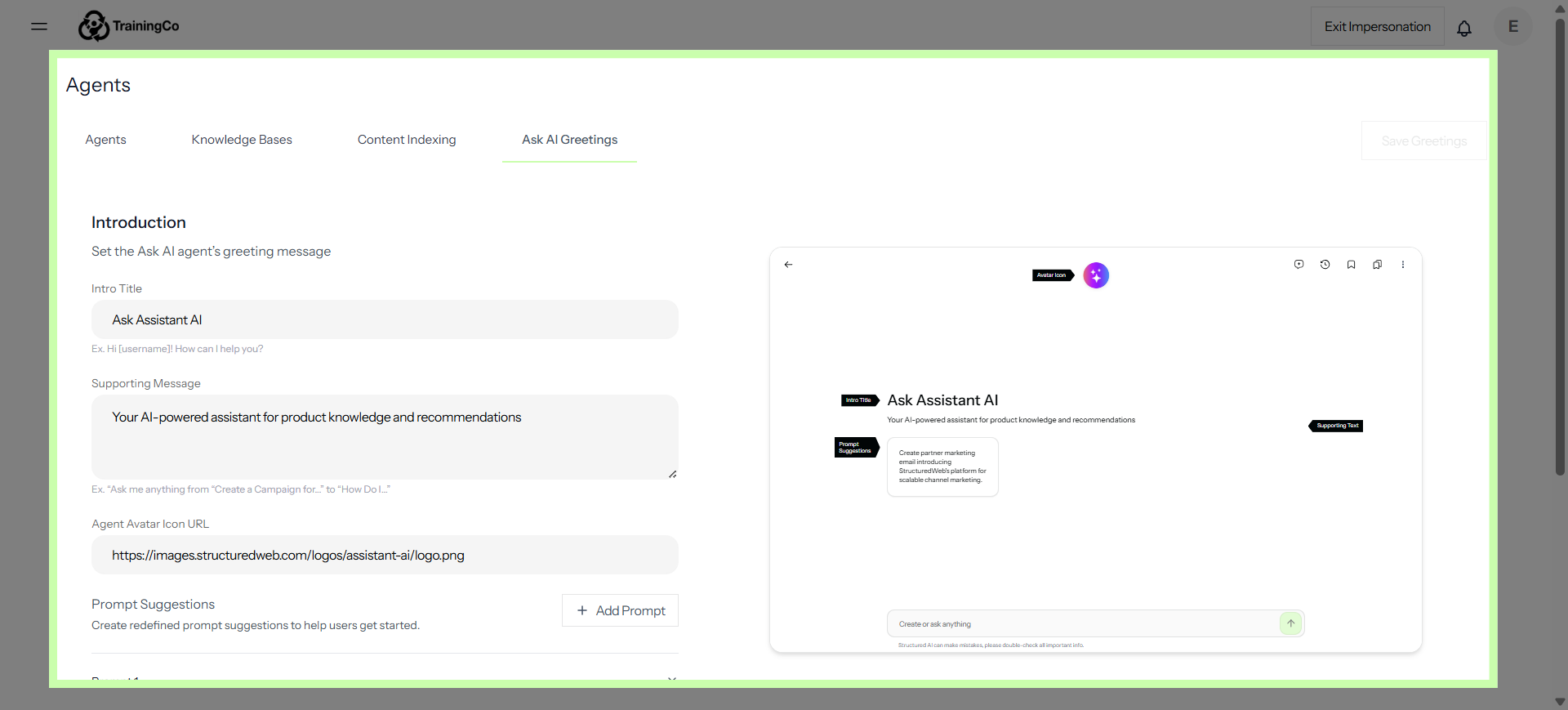 The Ask AI Greetings Tab