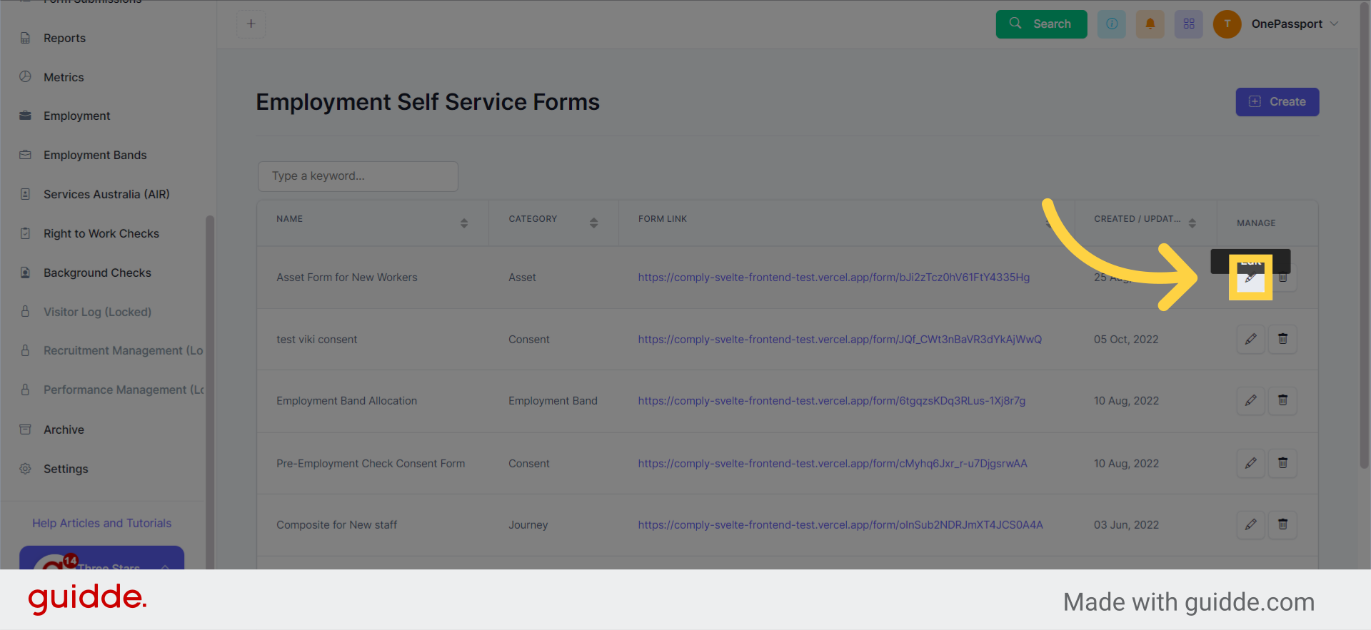 The newly created Asset Form will pop up in the list. You can now copy the form link to be shared with your new employees.
You may also edit the form using the pen icon