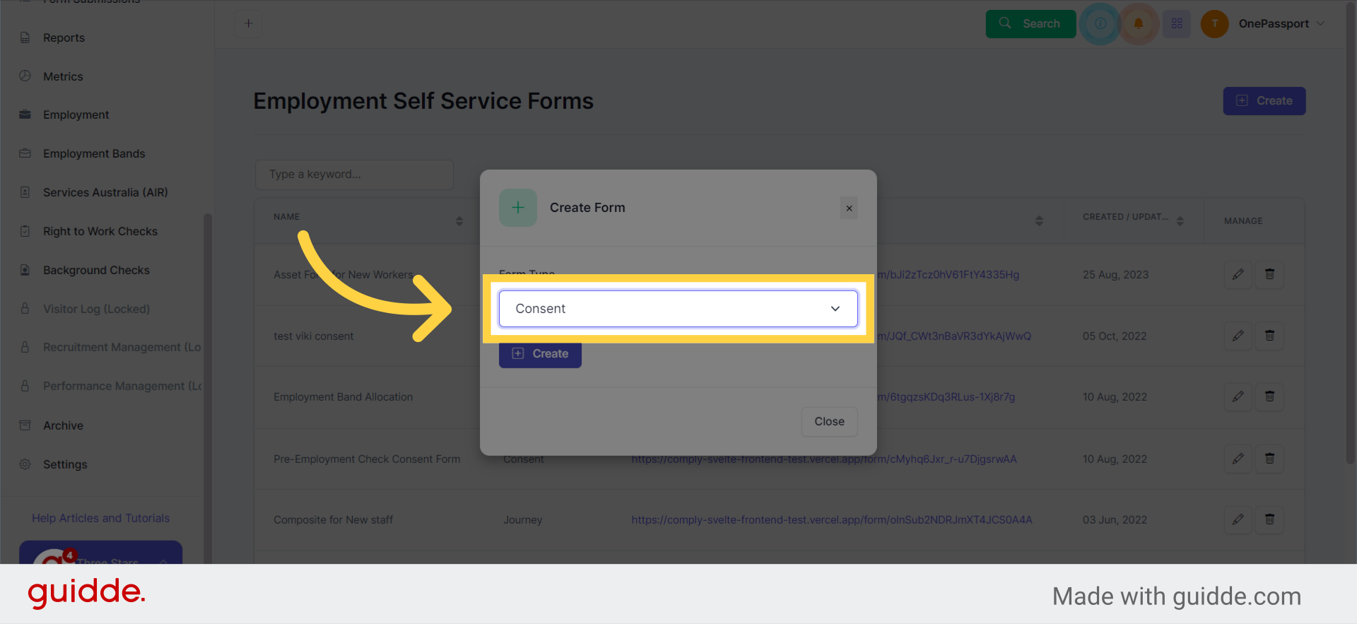 Select Consent from Form Type Drop Down