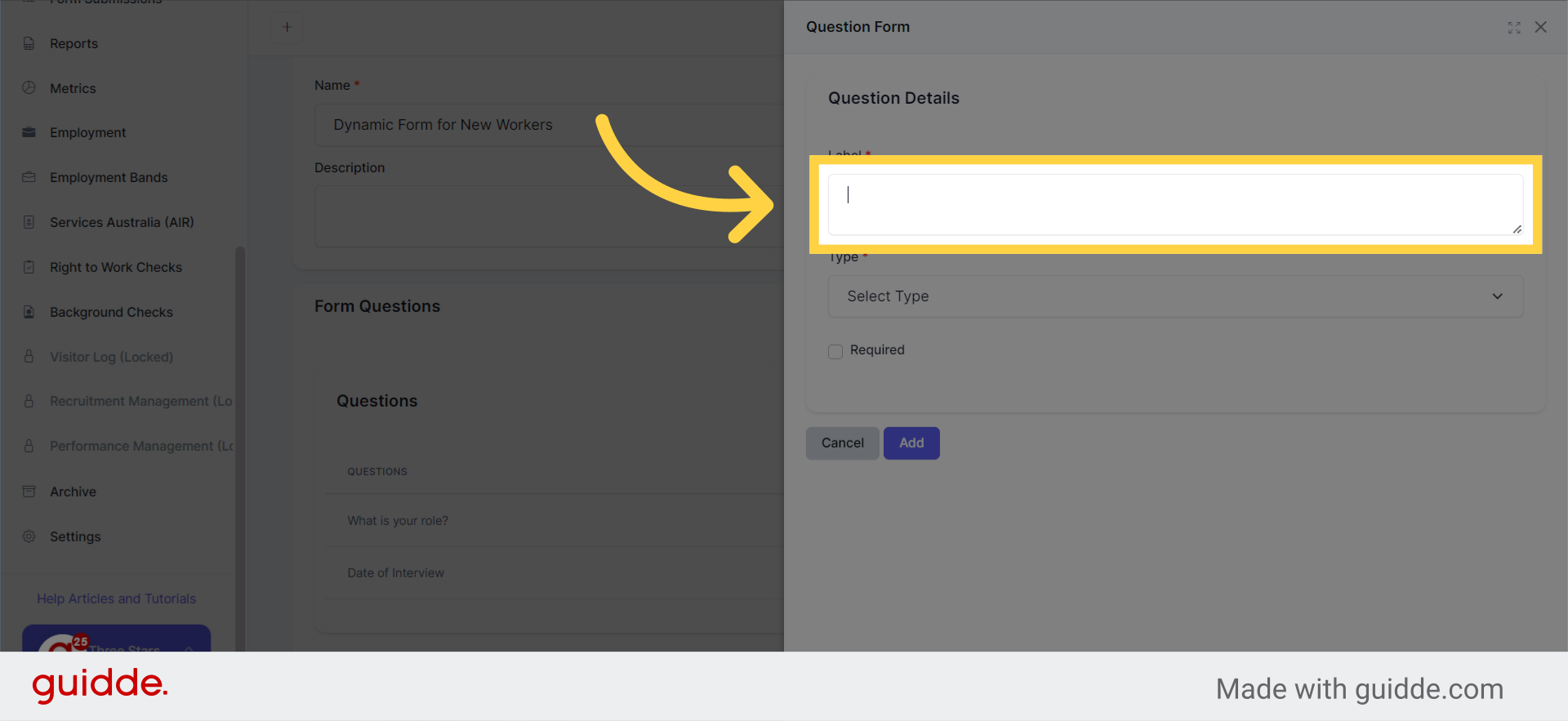 Click 'Label' and enter the next question