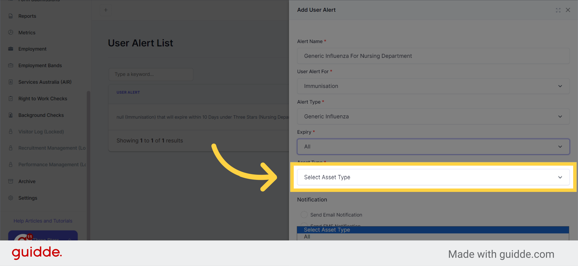 Click 'Select Asset Type'. Select the department from the dropdown. You may choose All or specific type