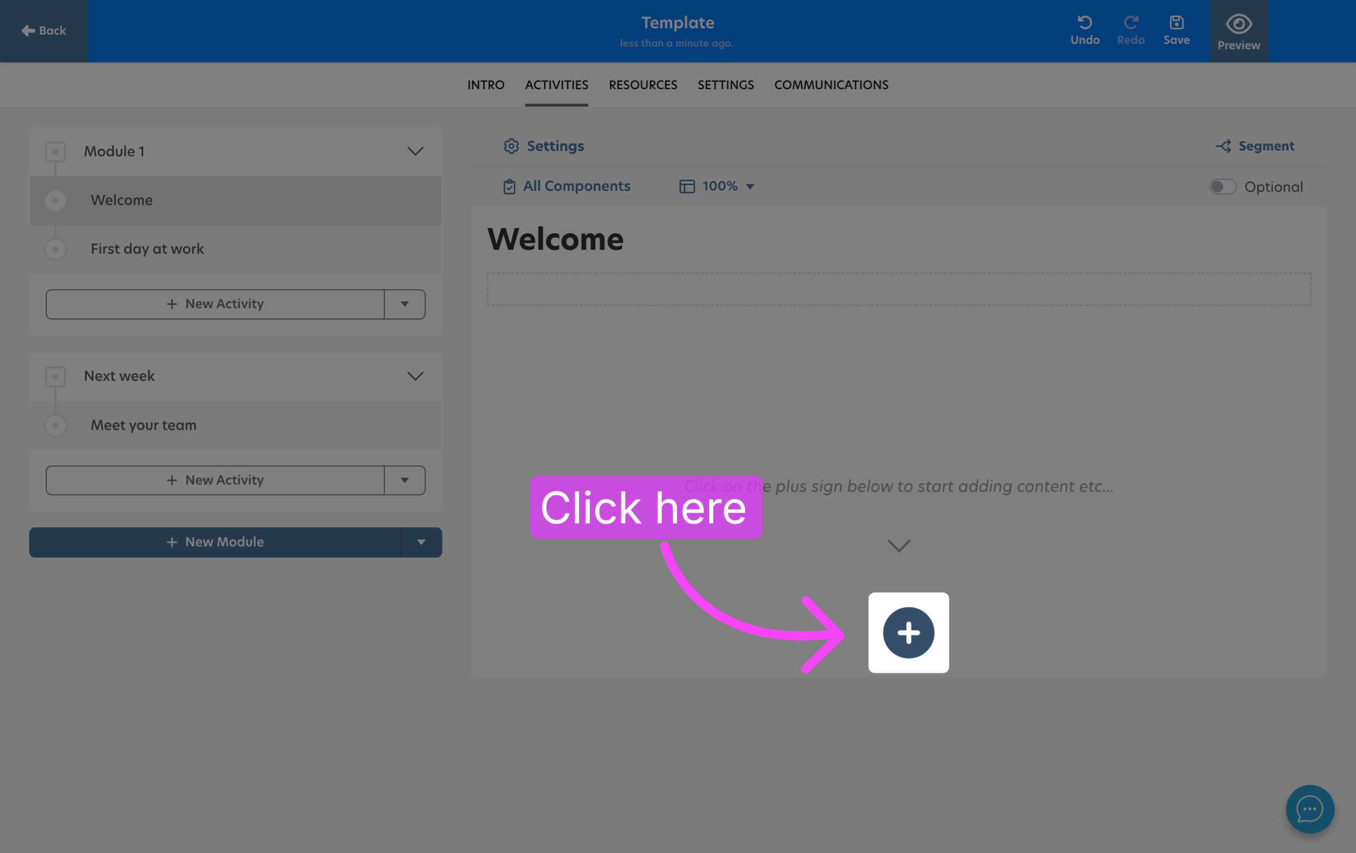 Open existing course material for editing in a course template