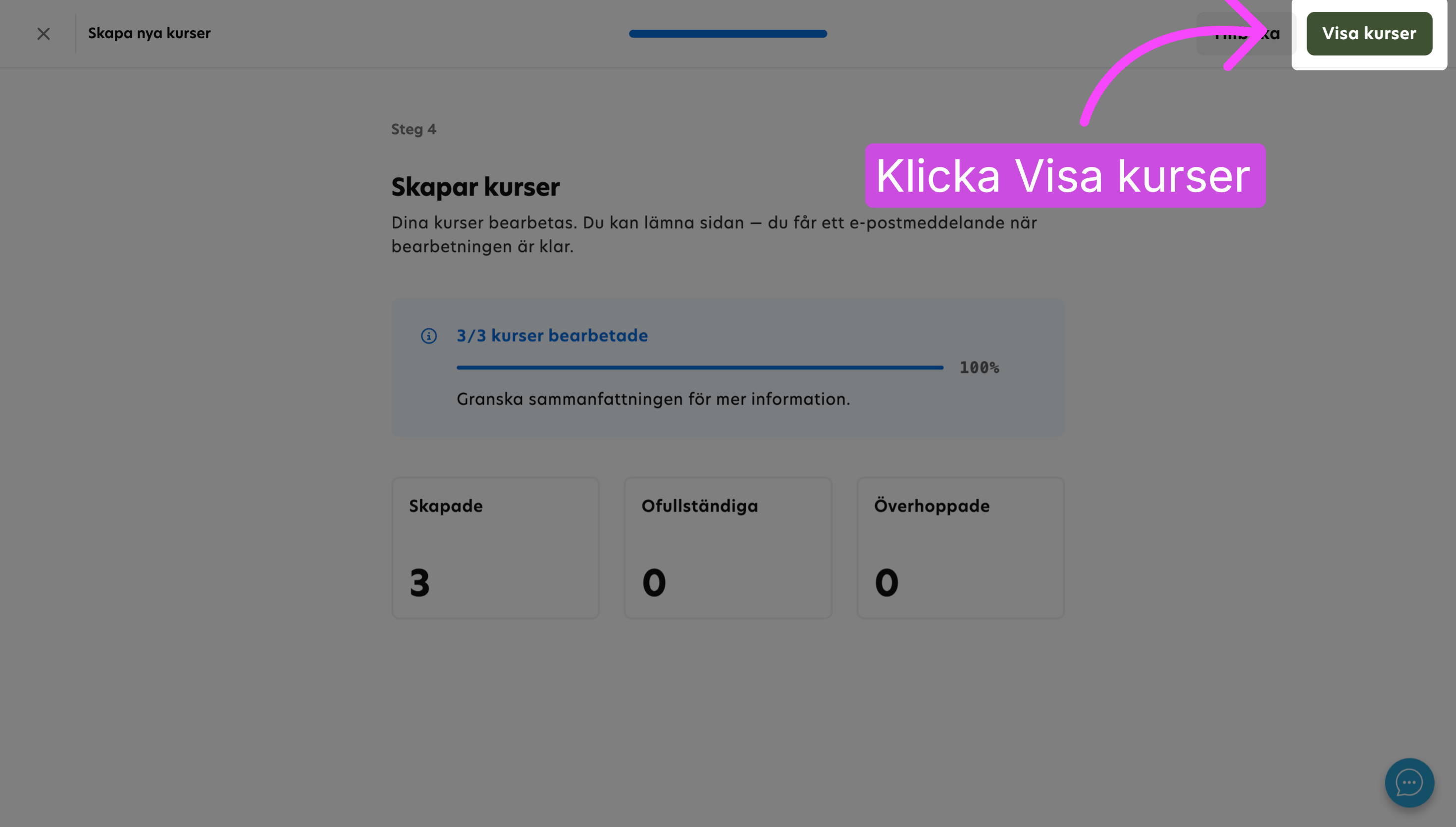 Granska de skapade kurserna