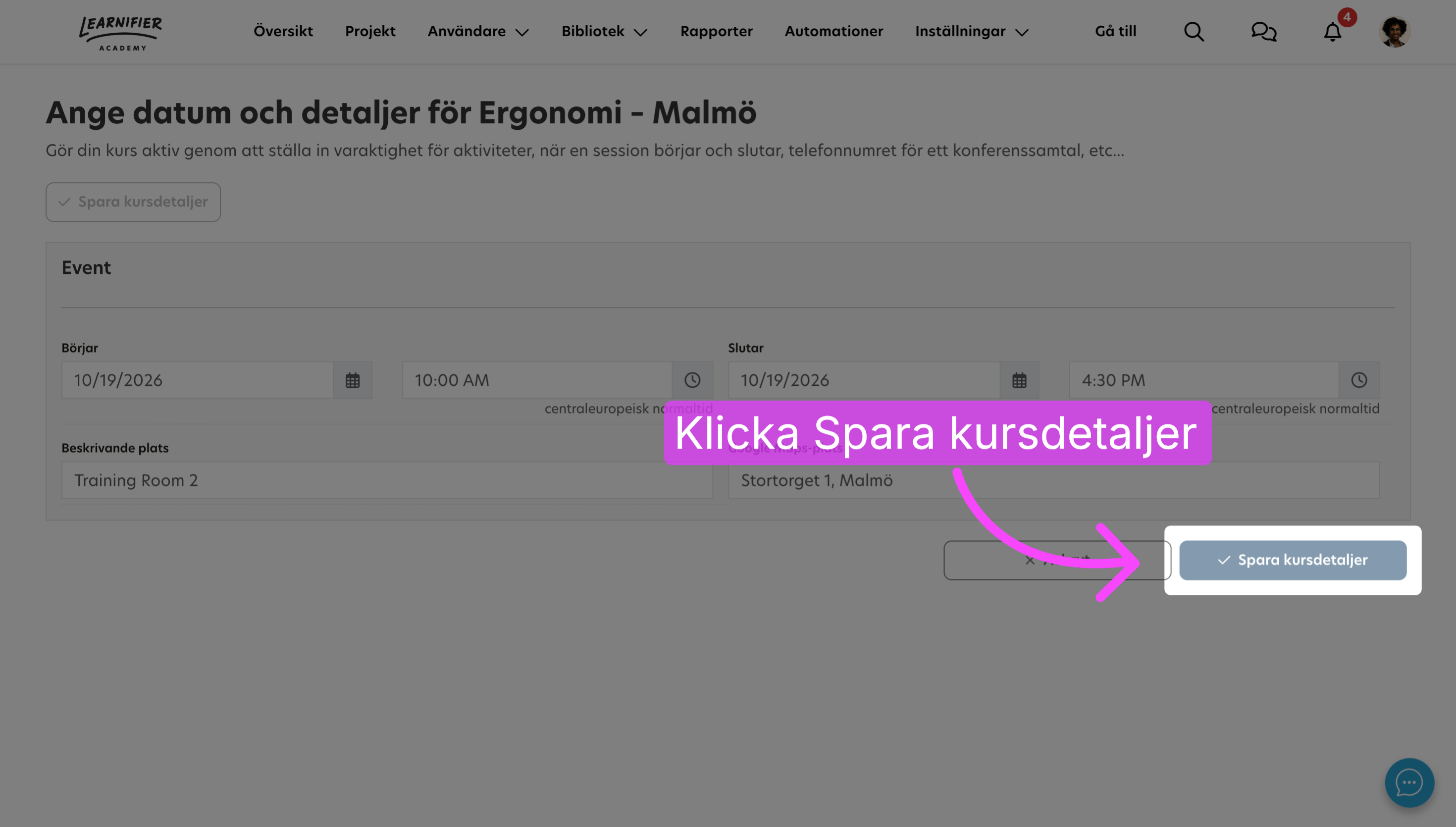 Kontrollera och spara kursinformationen