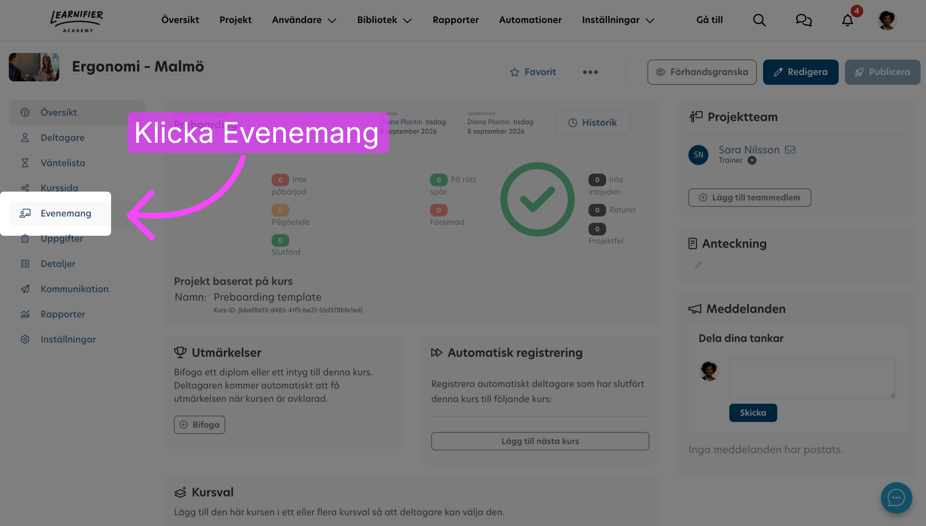 Öppna evenemangssektionen
