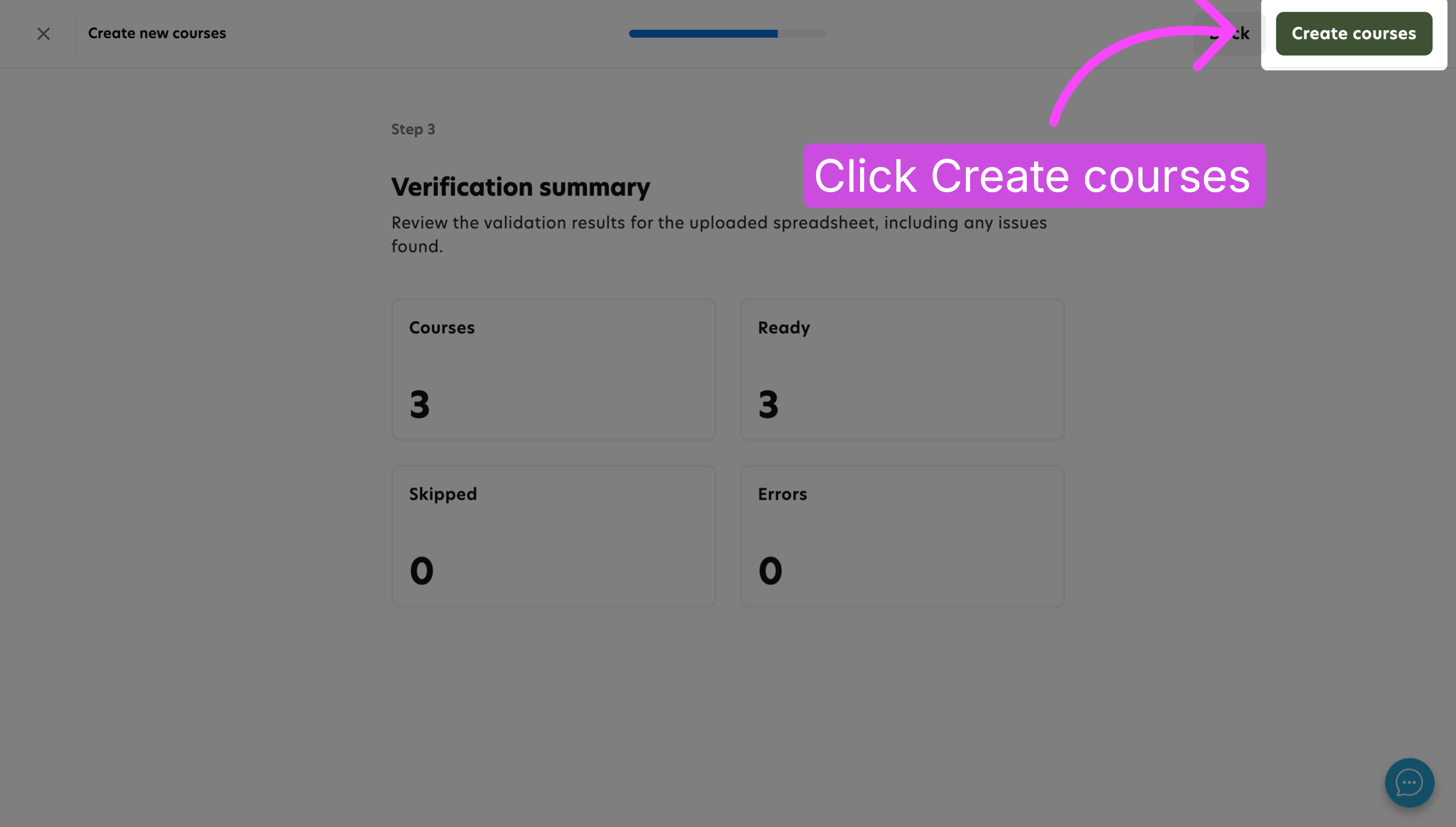 Create courses from the uploaded spreadsheet