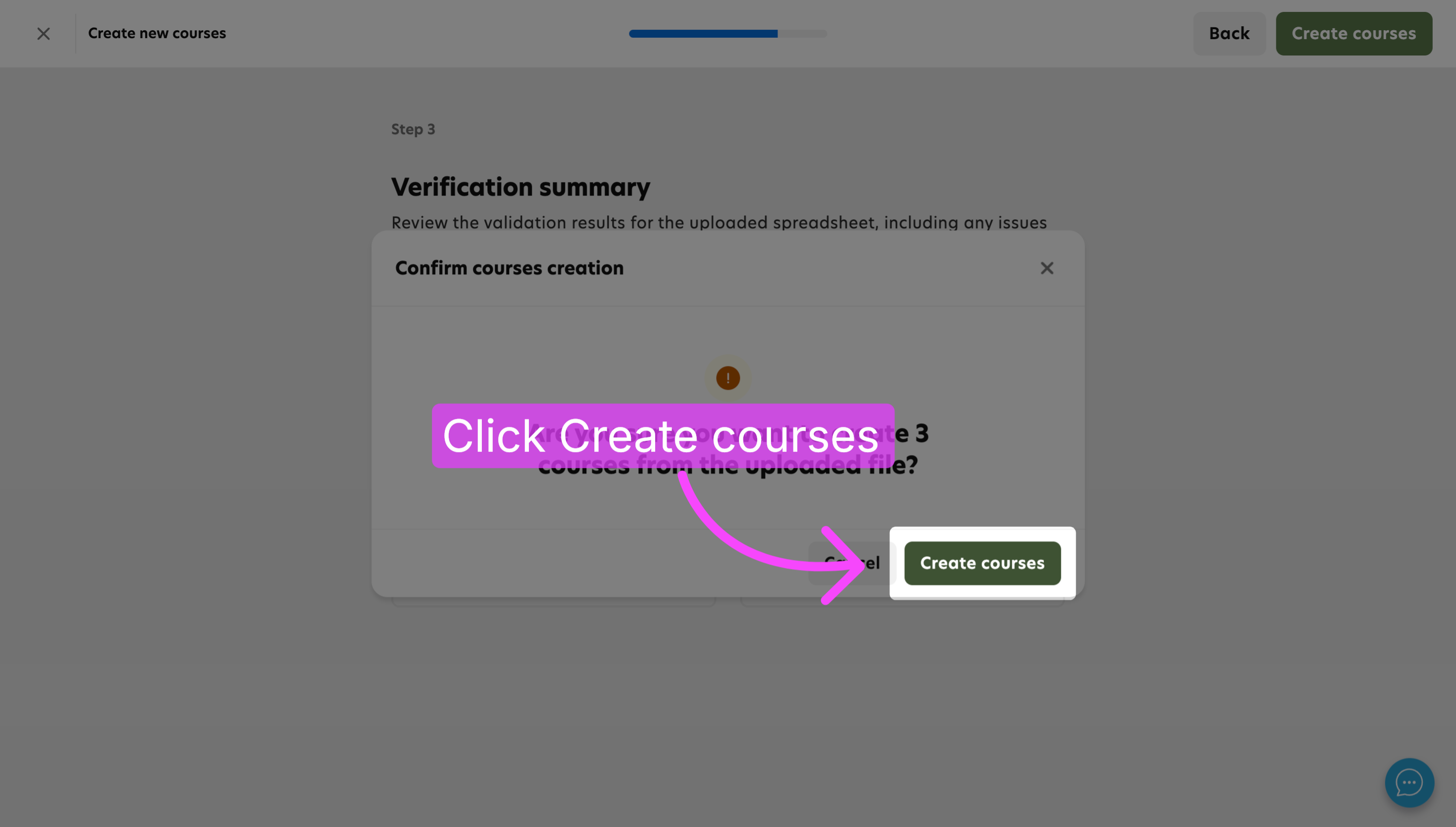 Confirm course creation