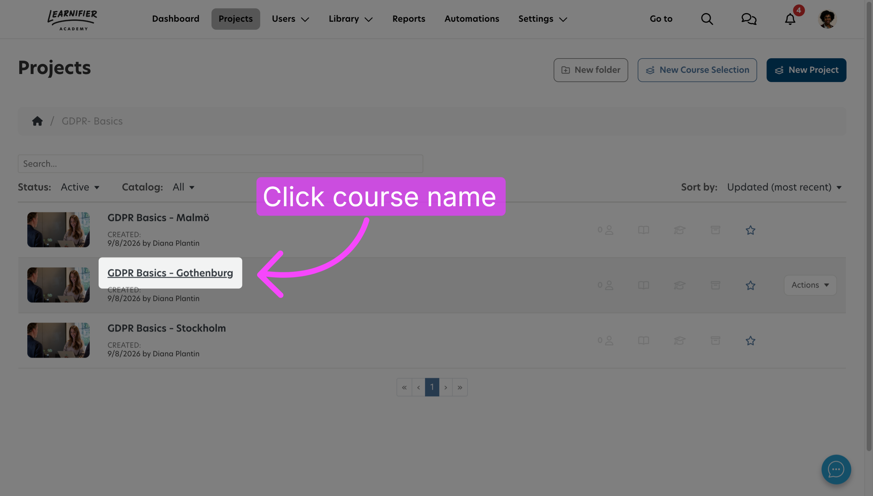 Open a newly created course