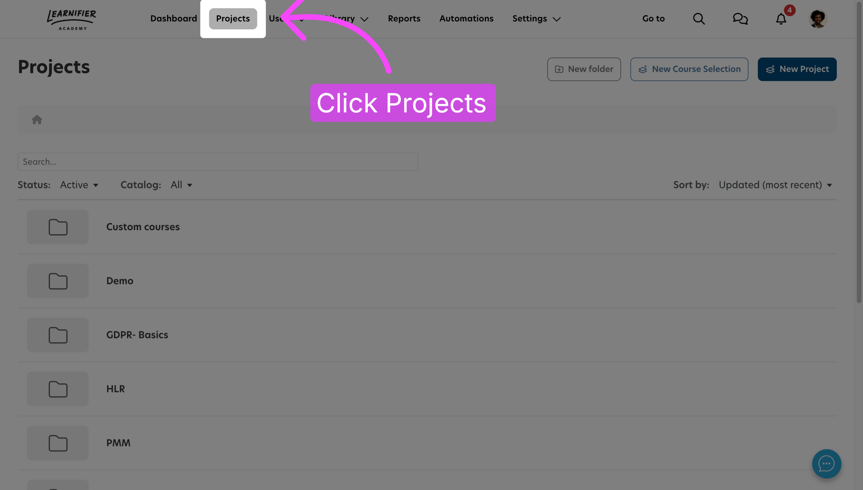 Projects section in Learnifier