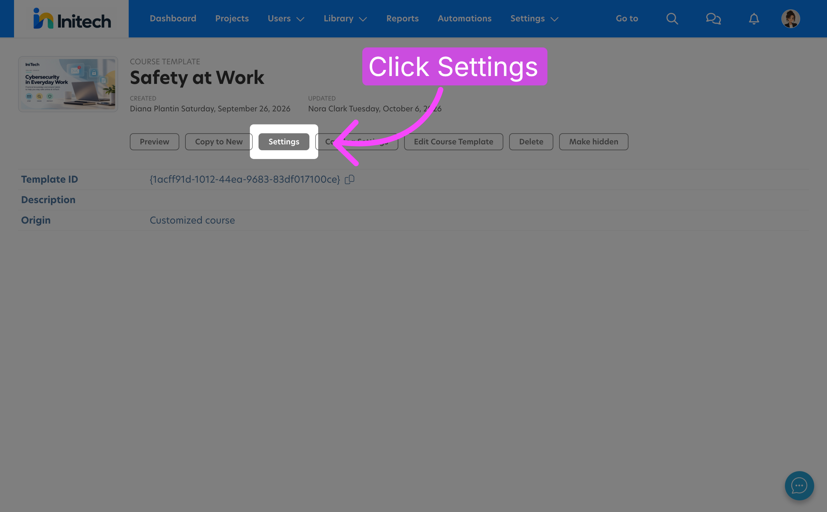 Open Settings for a course template in Learnifier