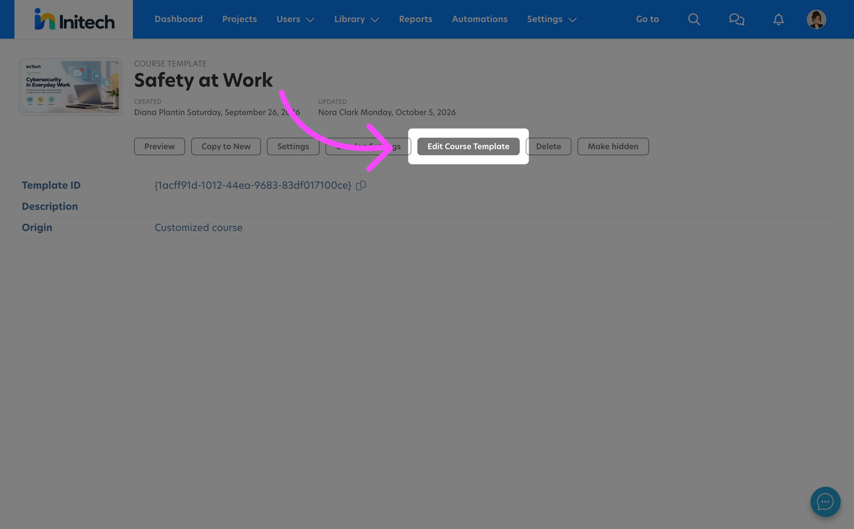 Course template management options in Learnifier