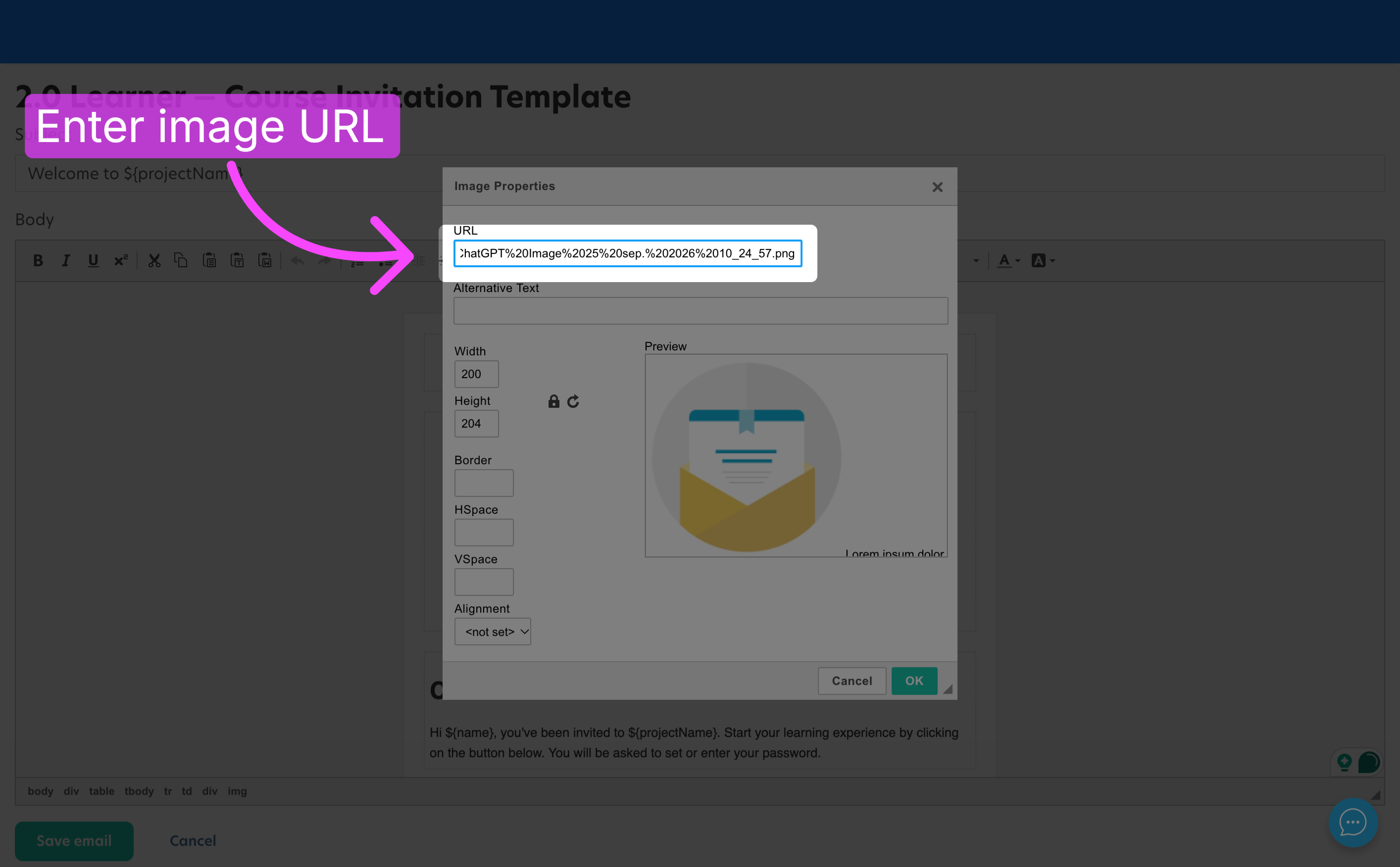 Add a public image URL to an email template