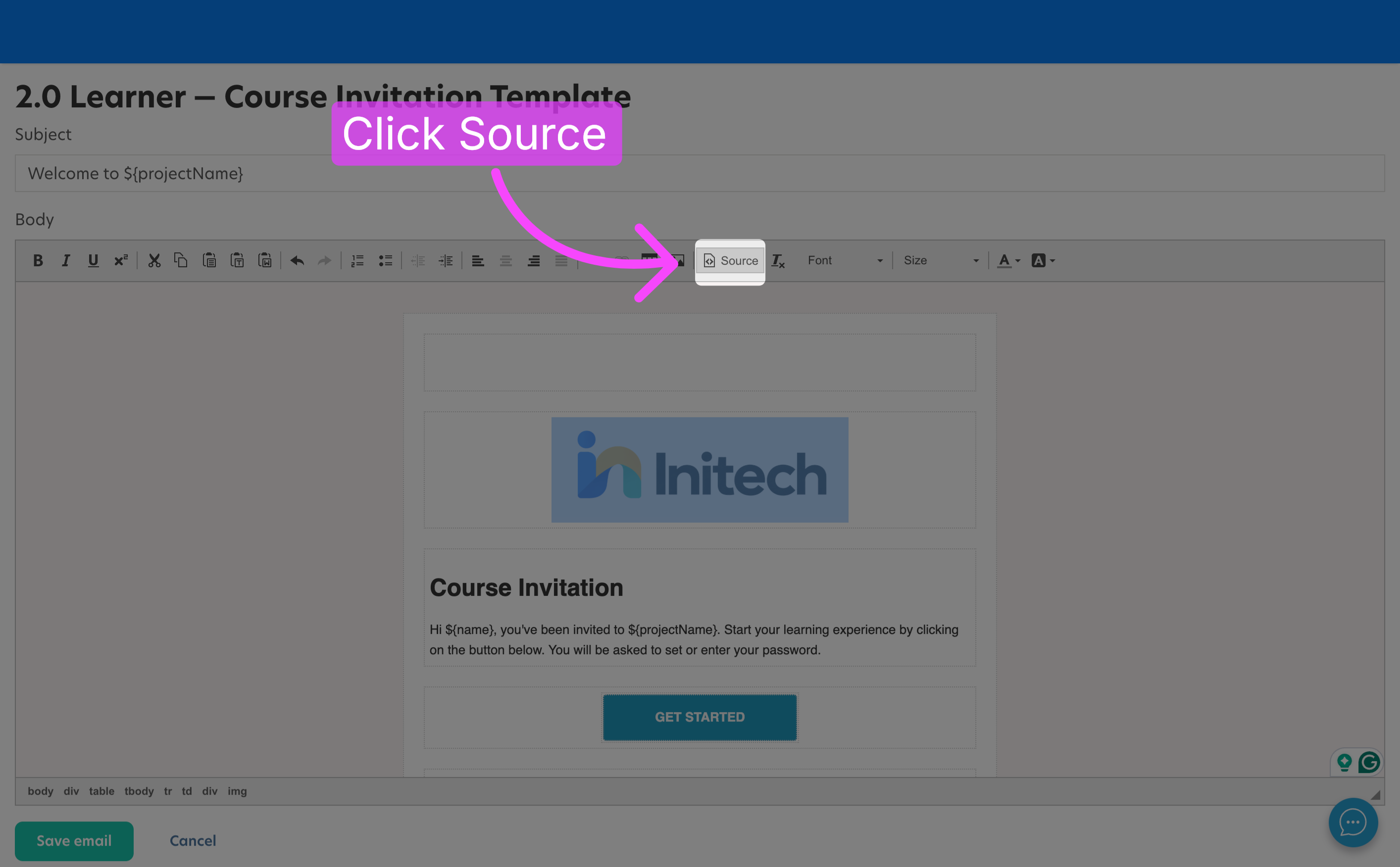 Open the source view in the email editor