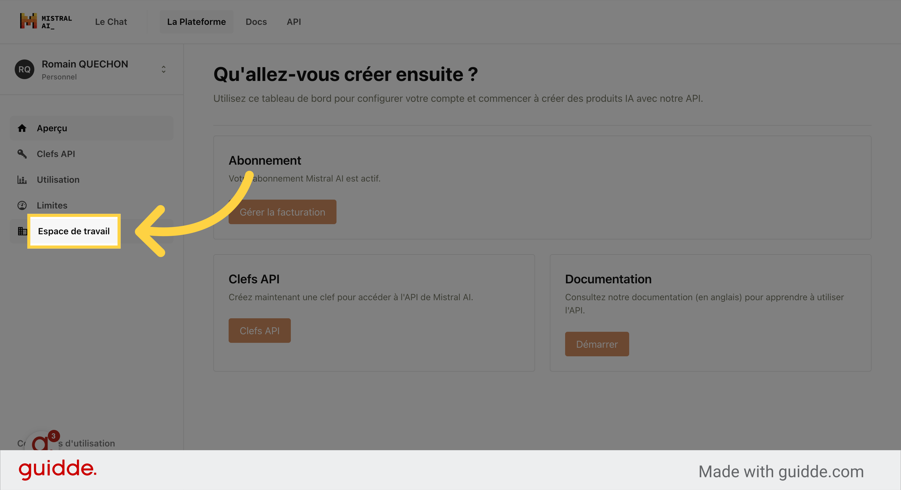 Cliquez sur 'Espace de travail'