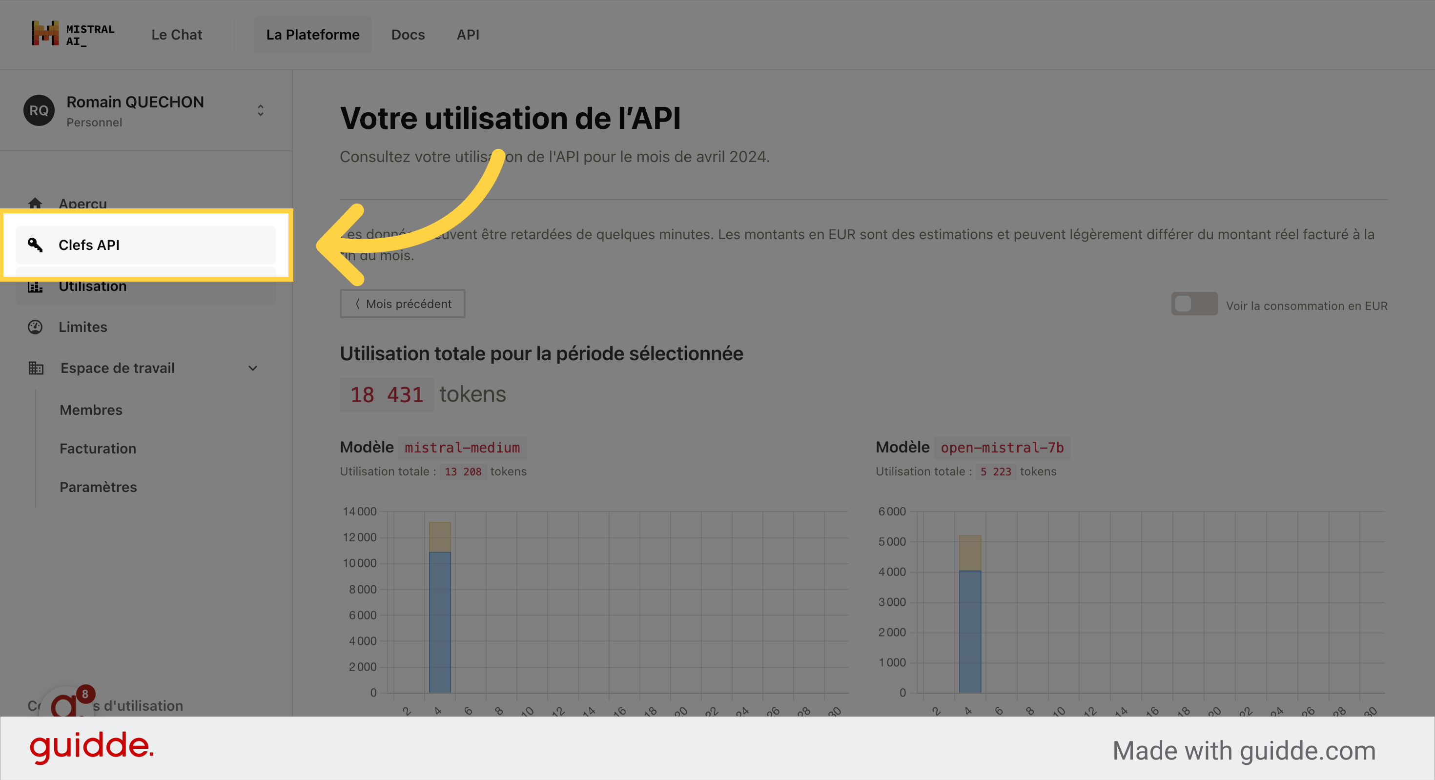 Cliquez sur 'Clés API'