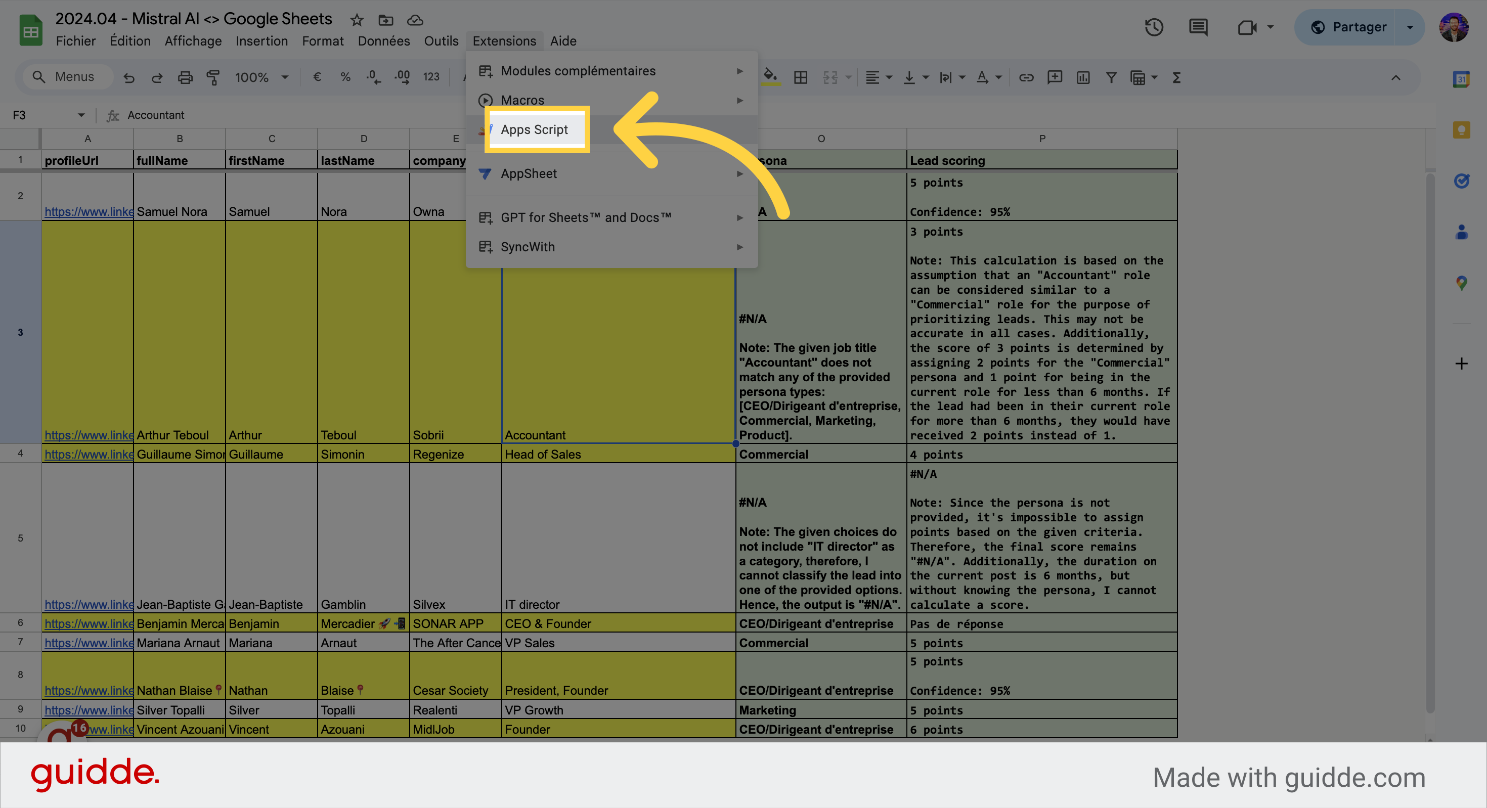 Cliquez sur 'Apps Script(E)'