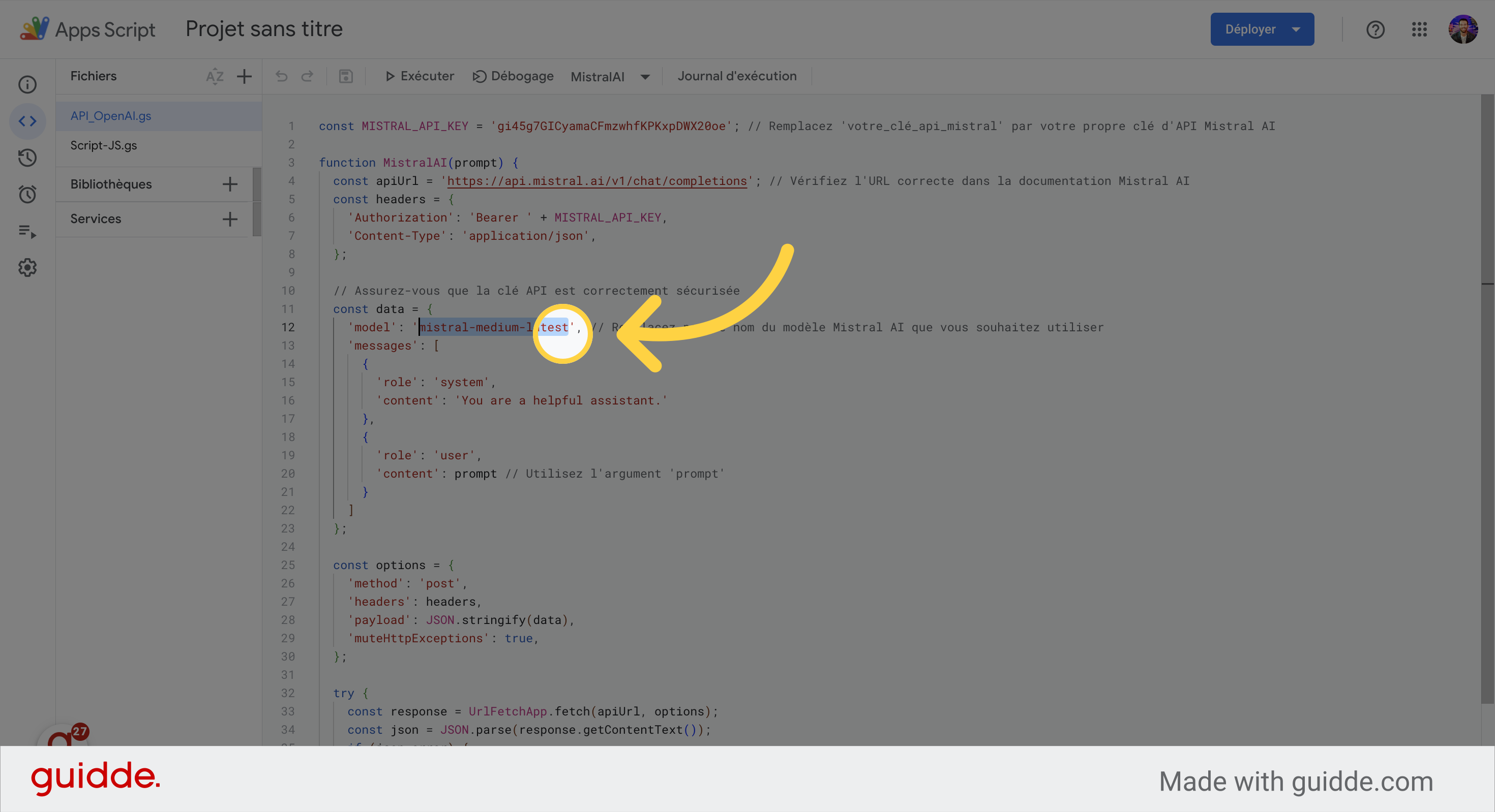 Cliquez sur ''model': 'mistral-medium-latest', // Remplacez par le nom du modèle Mistral AI que vous souhaitez utiliser'