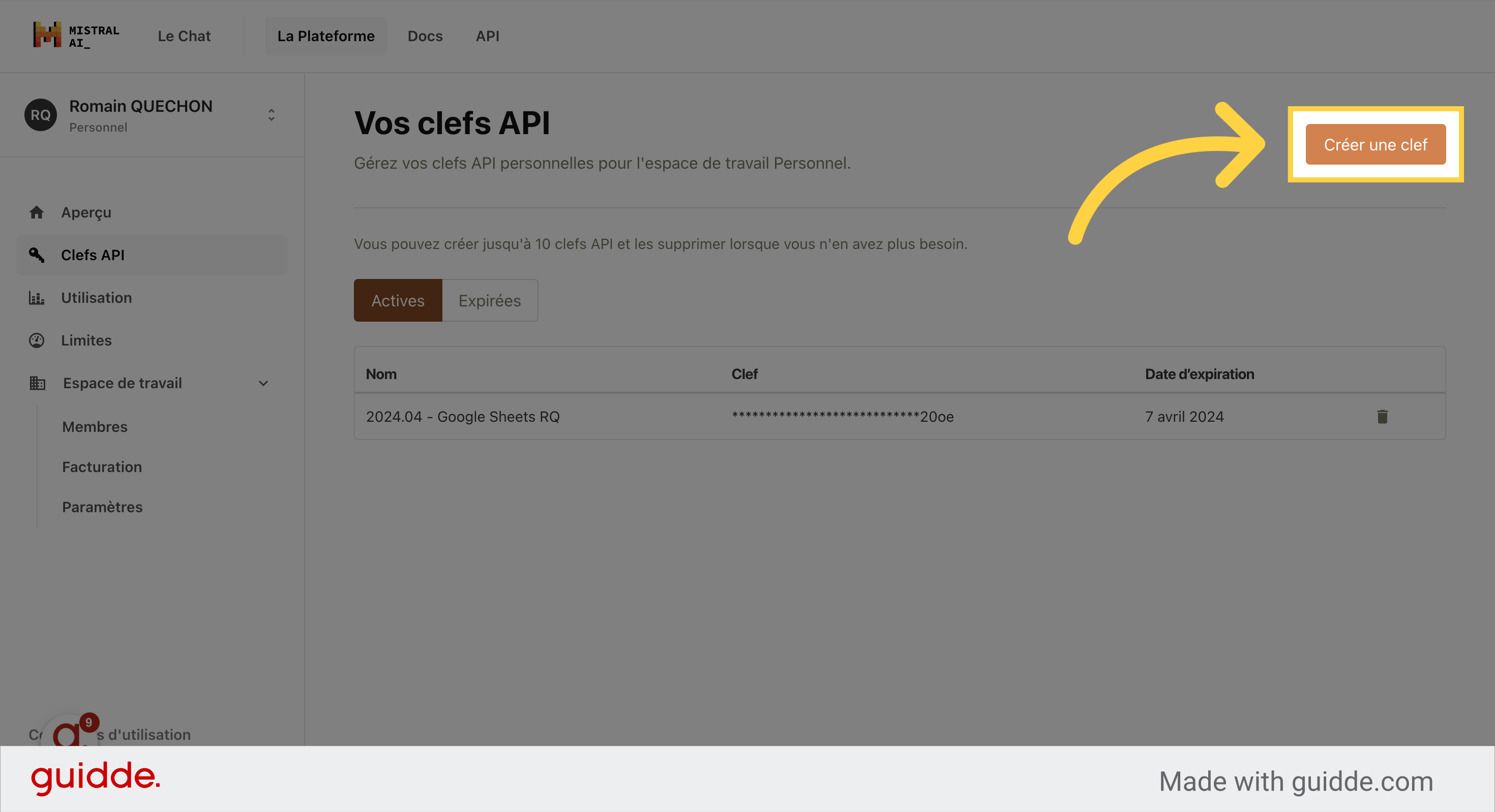Cliquez sur 'Créer une clé'