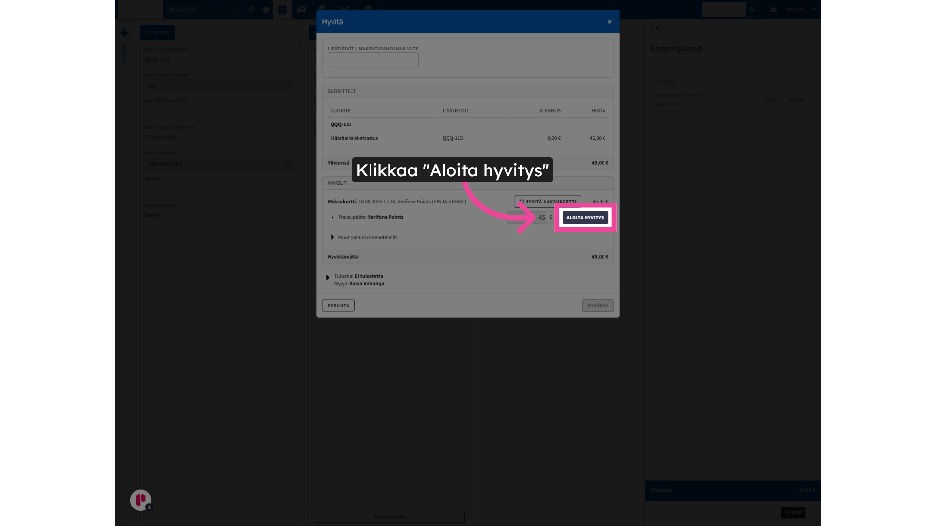 Klikkaa 'Aloita hyvitys'